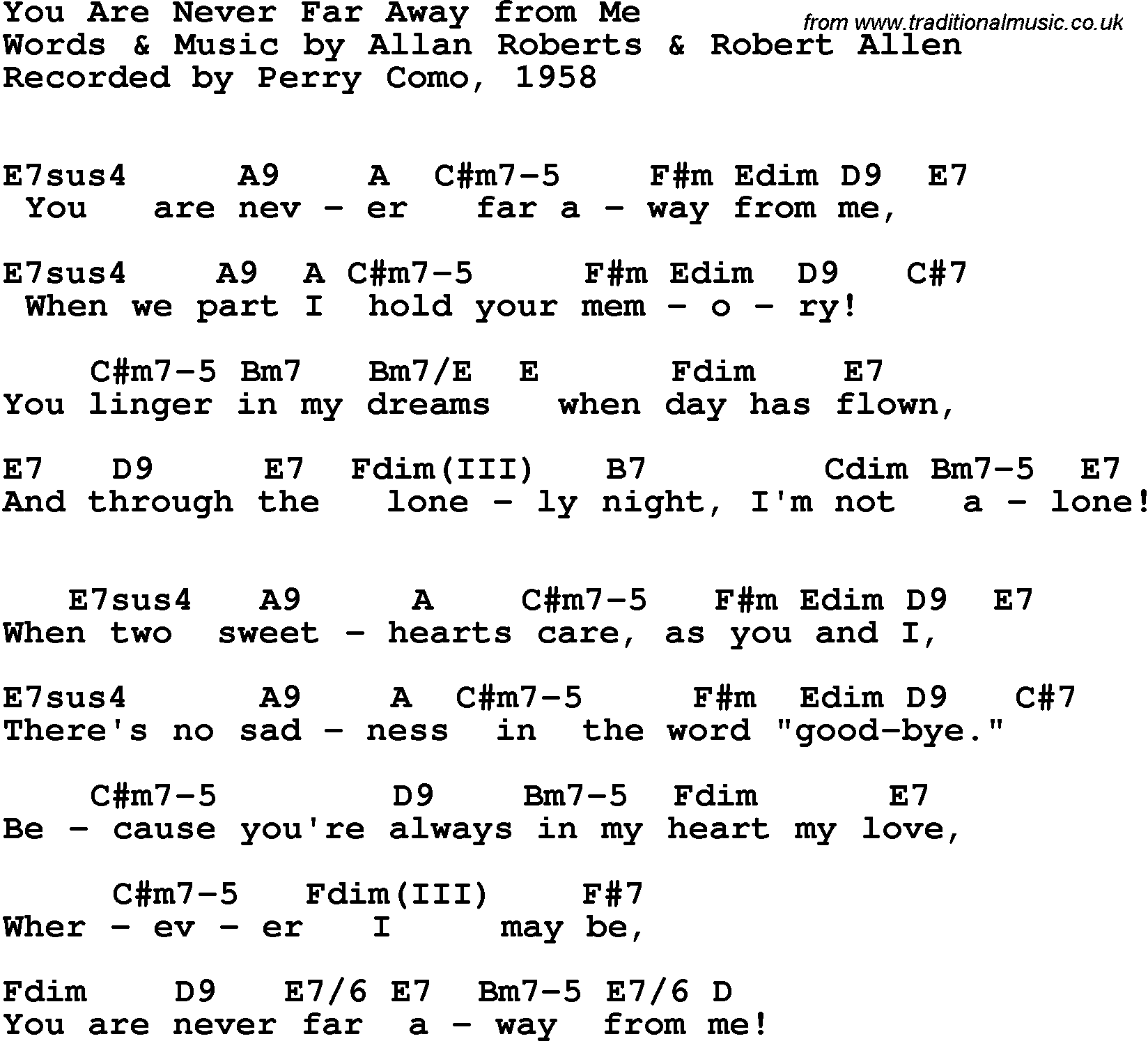 Song Lyrics with guitar chords for You Are Never Far Away From Me - Perry Como, 1958