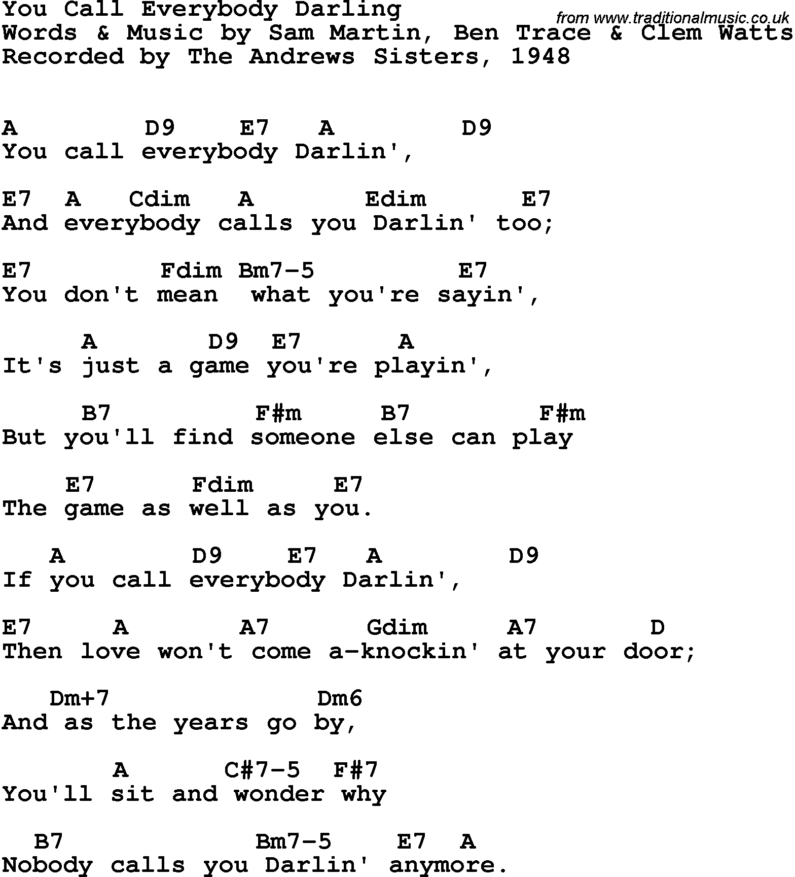 Song Lyrics with guitar chords for You Call Everybody Darling - The Andrews Sisters, 1948