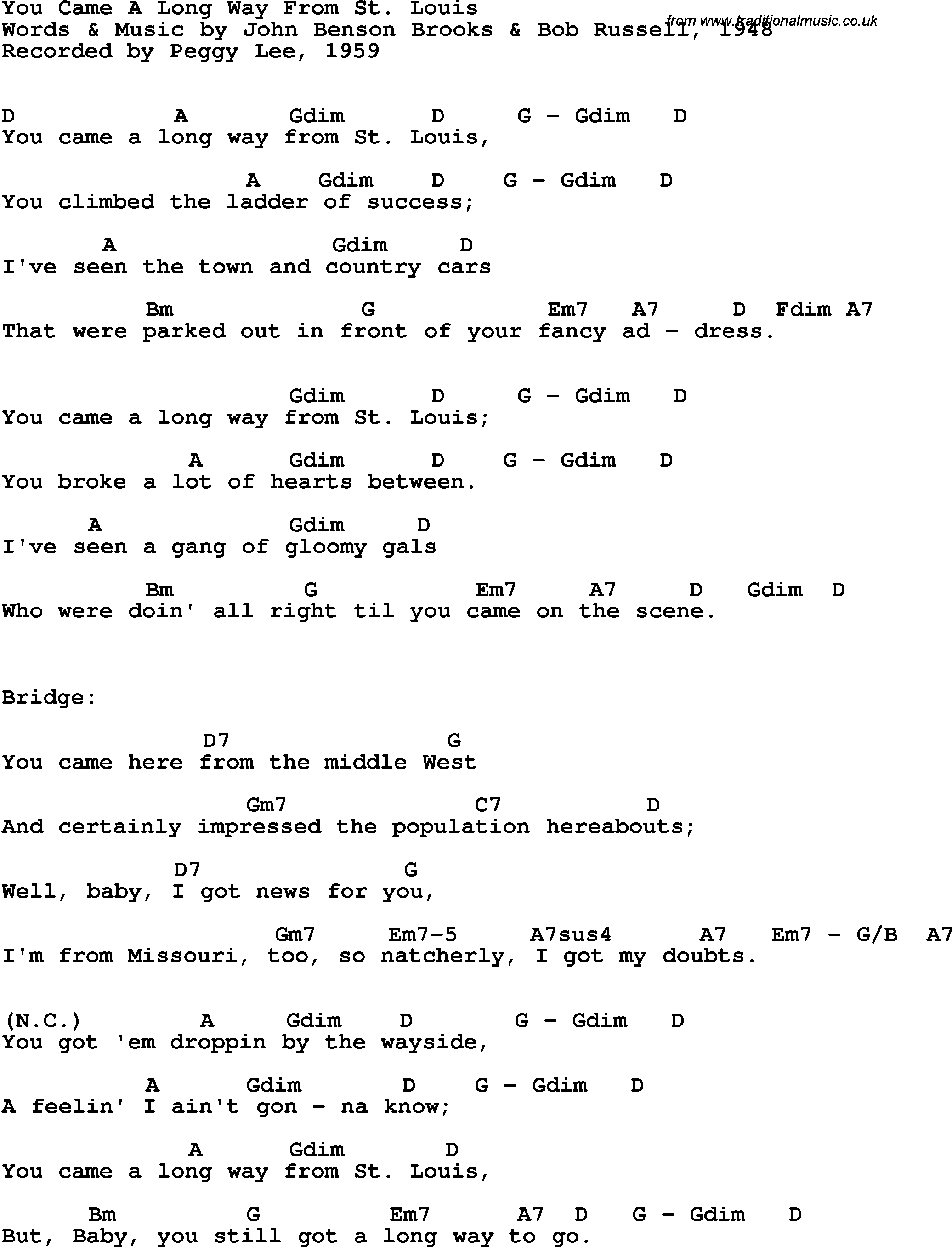 Song Lyrics with guitar chords for You Came A Long Way From St