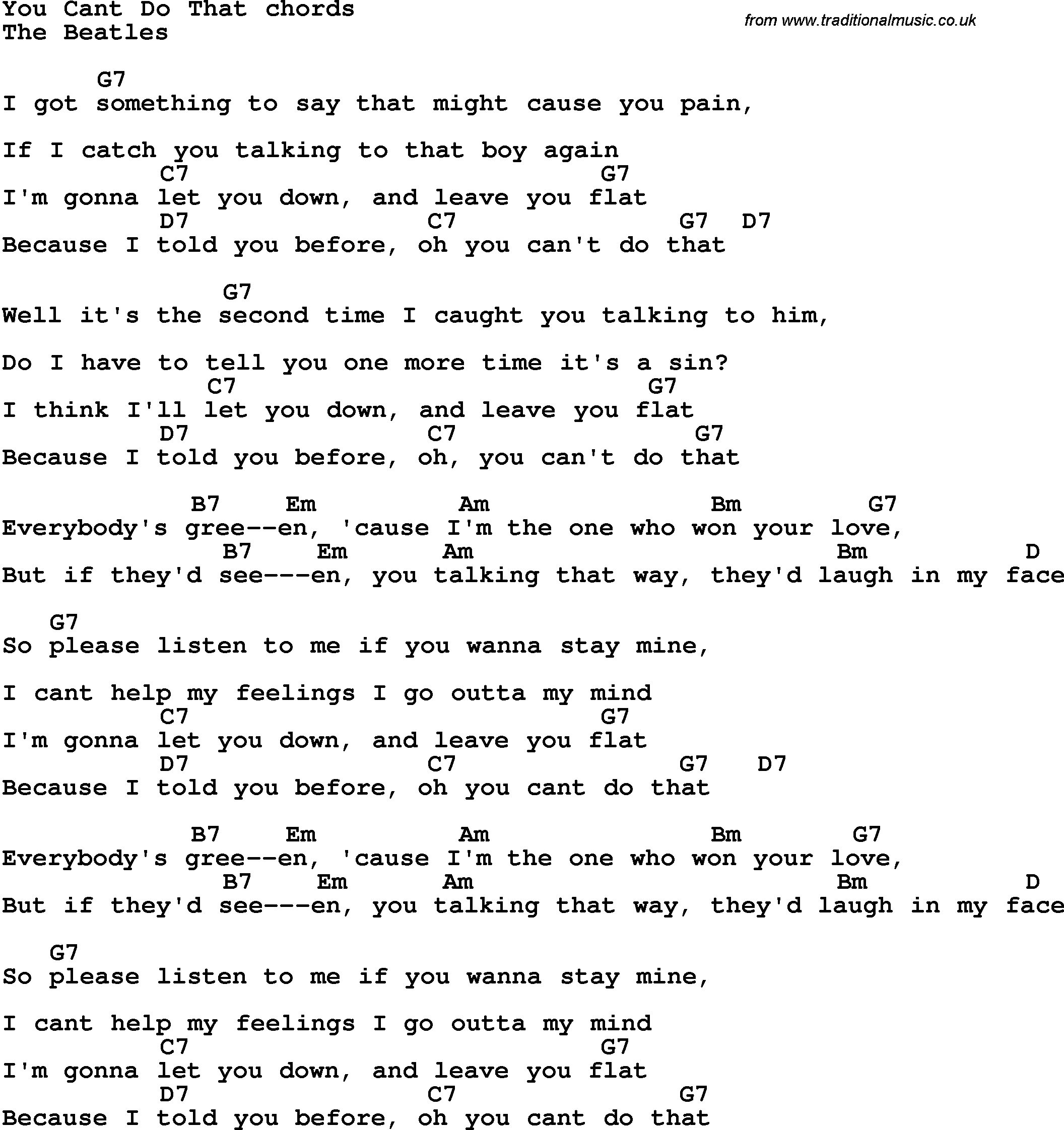 Song Lyrics with guitar chords for You Can't Do That