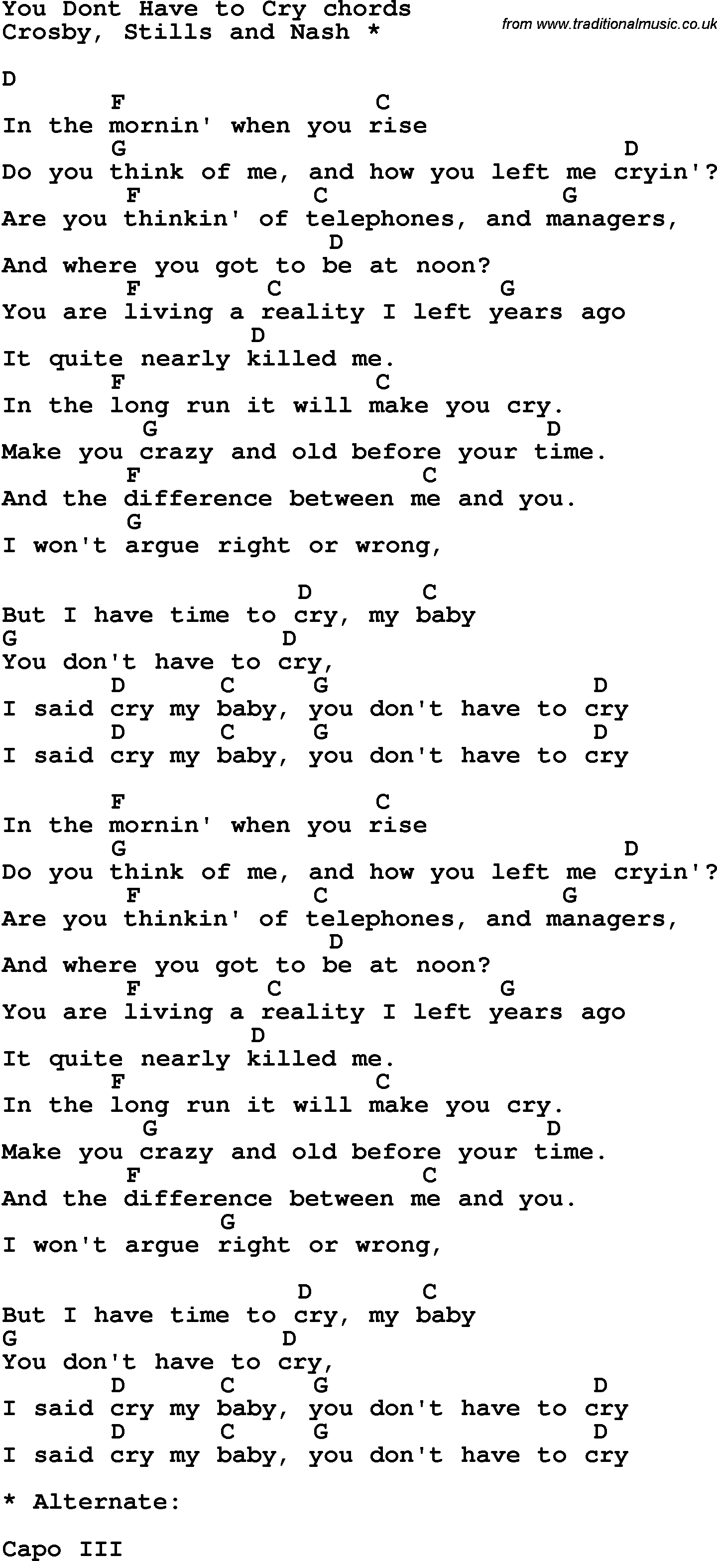 Song Lyrics with guitar chords for You Don't Haveto Cry