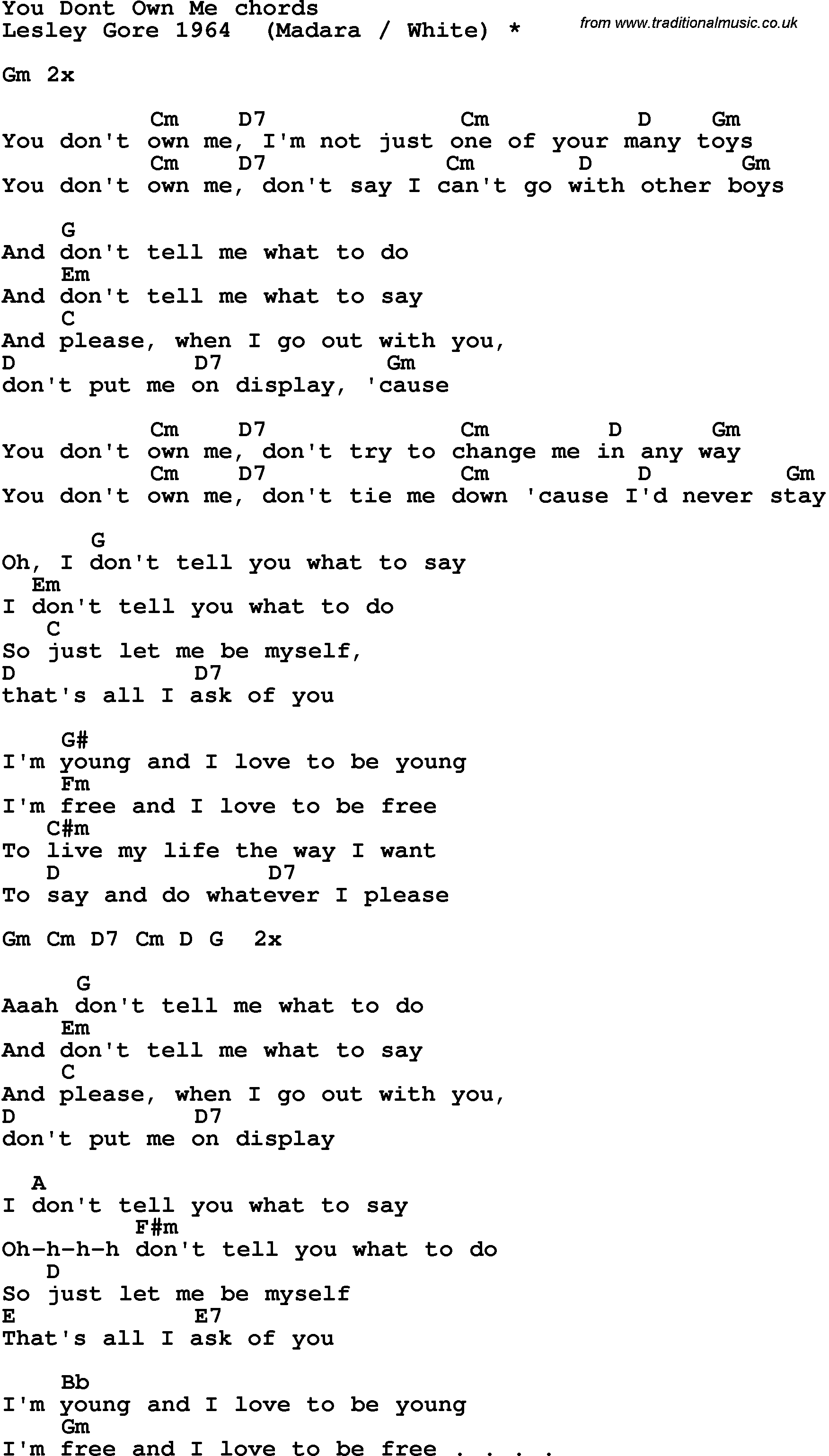 Song Lyrics with guitar chords for You Don't Own Me