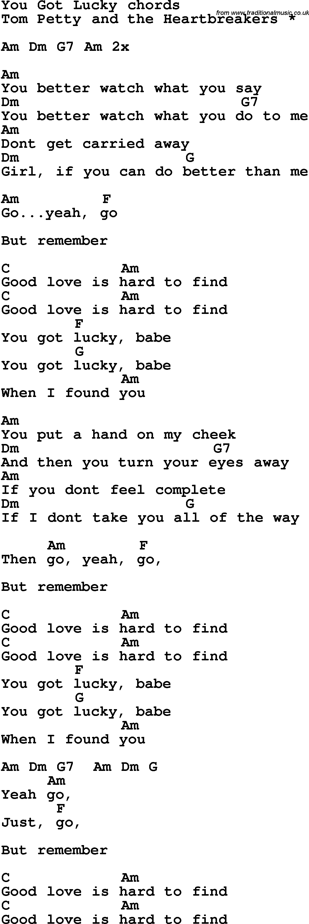 Song Lyrics with guitar chords for You Got Lucky