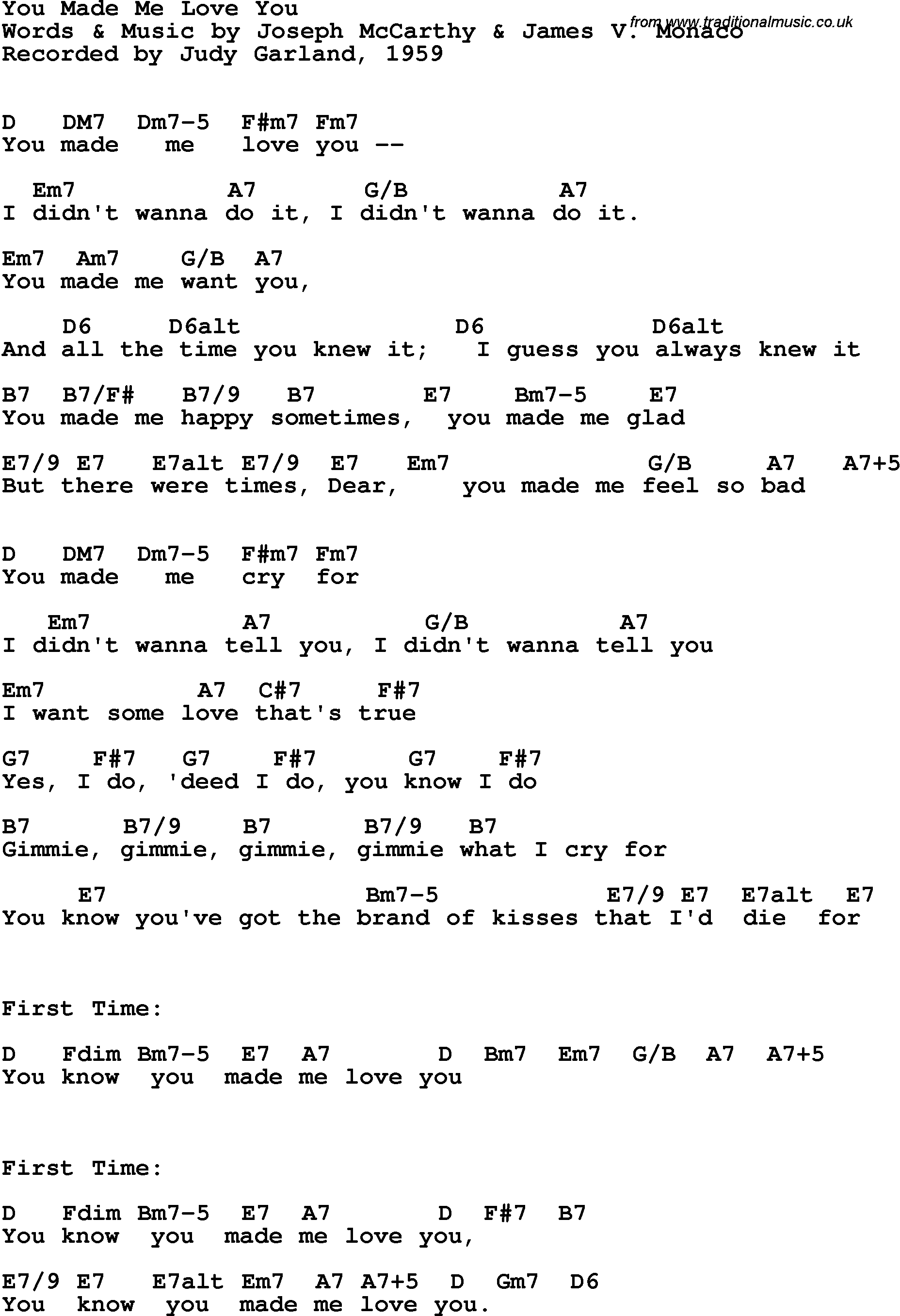 Song Lyrics with guitar chords for You Made Me Love You - Judy Garland, 1959