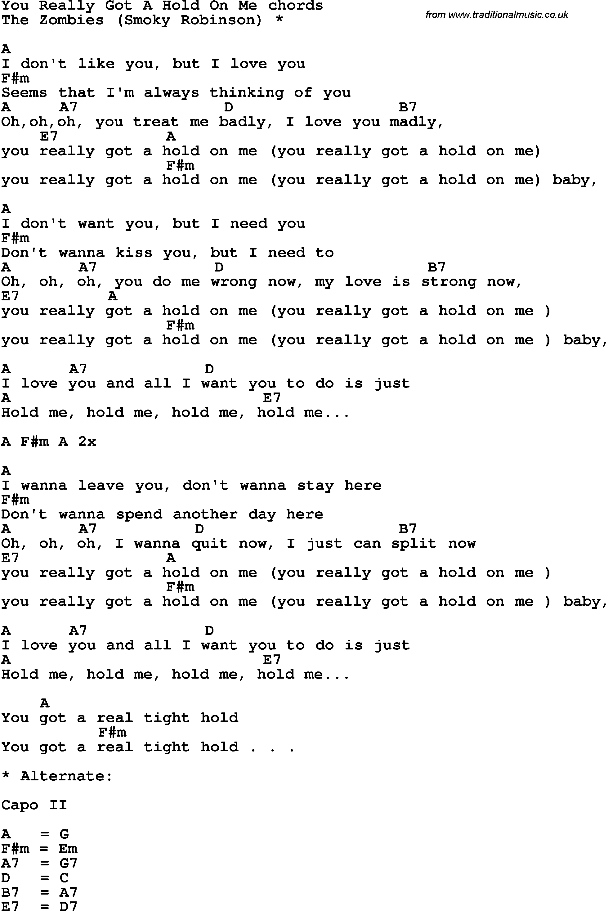 Song Lyrics with guitar chords for You Really Got A Hold On Me - Zombies