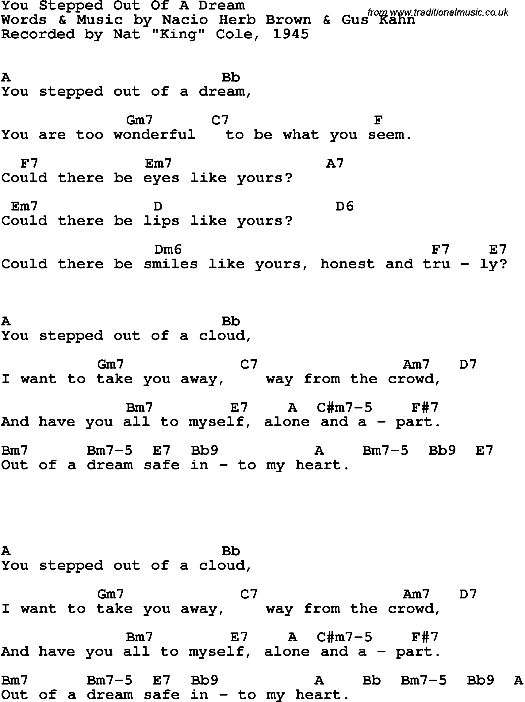 Song Lyrics with guitar chords for You Stepped Out Of A Dream - Nat King Cole, 1945