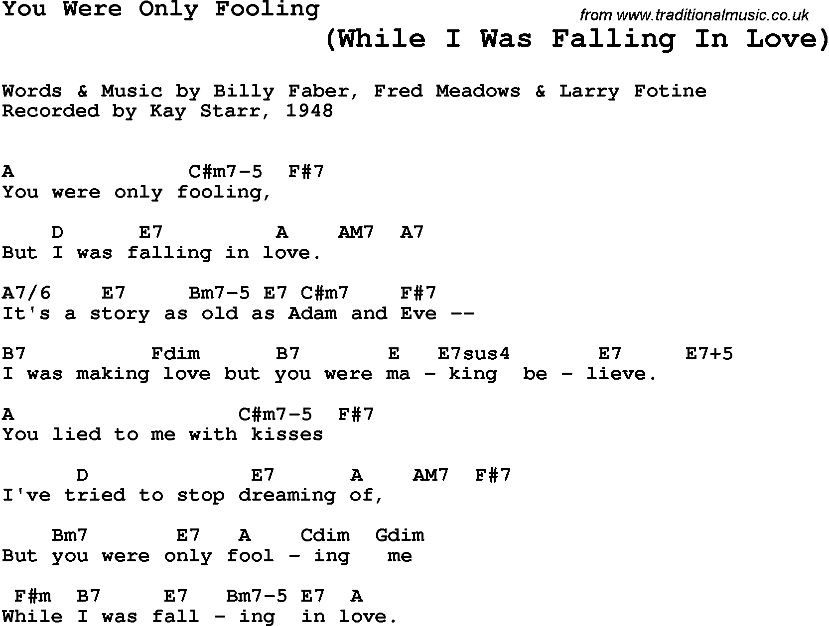 Song Lyrics with guitar chords for You Were Only Fooling - Kay Starr, 1948