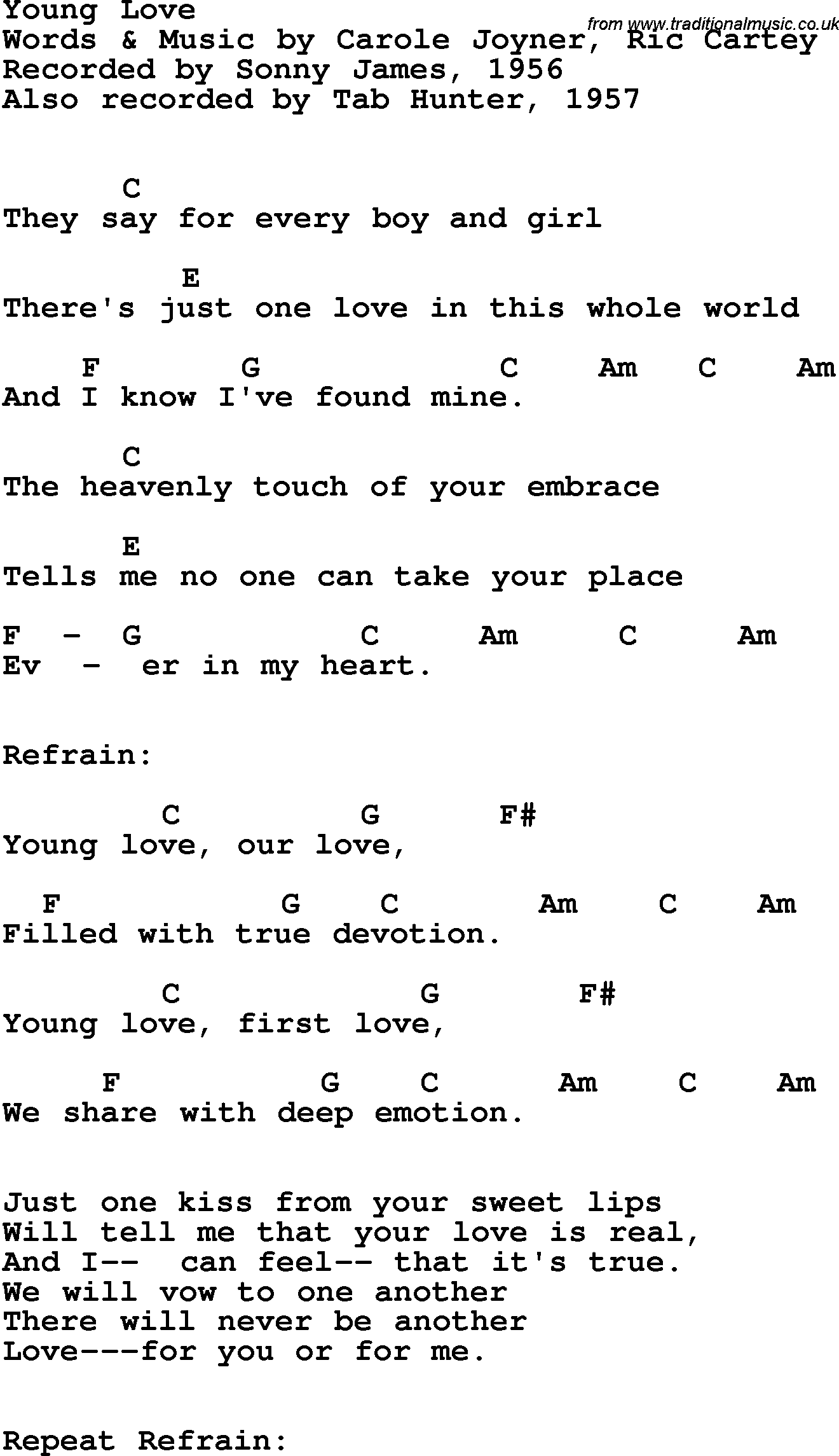 Song Lyrics with guitar chords for Young Love - Sonny James, 1956