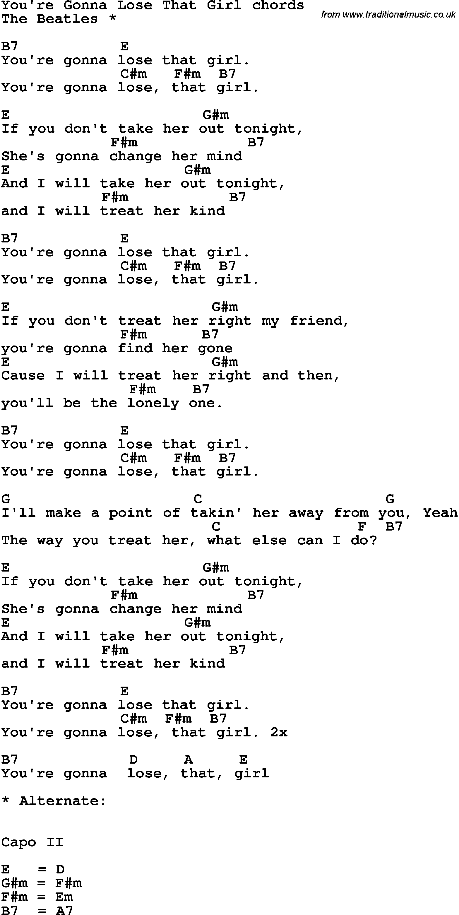 Song Lyrics with guitar chords for You're Gonna Lose That Girl