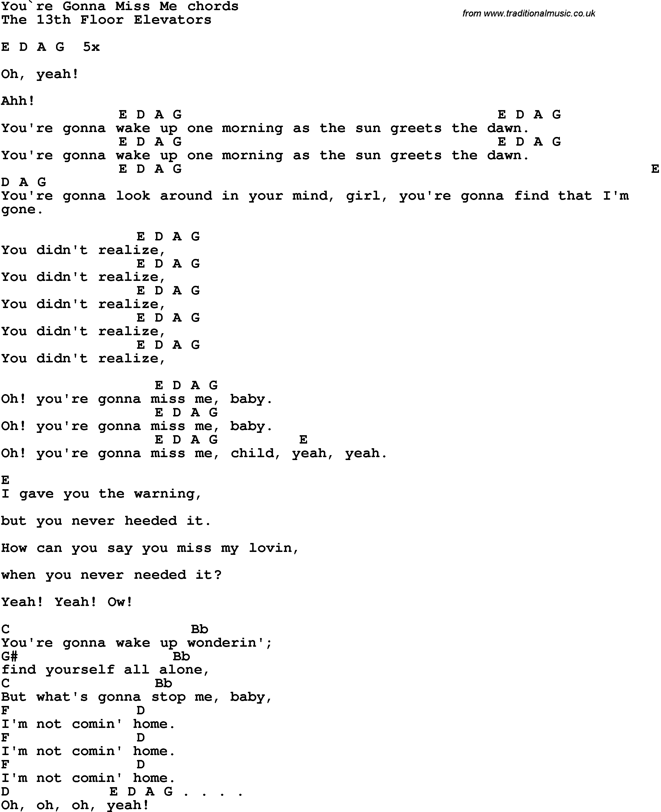 Song Lyrics with guitar chords for You're Gonna Miss Me