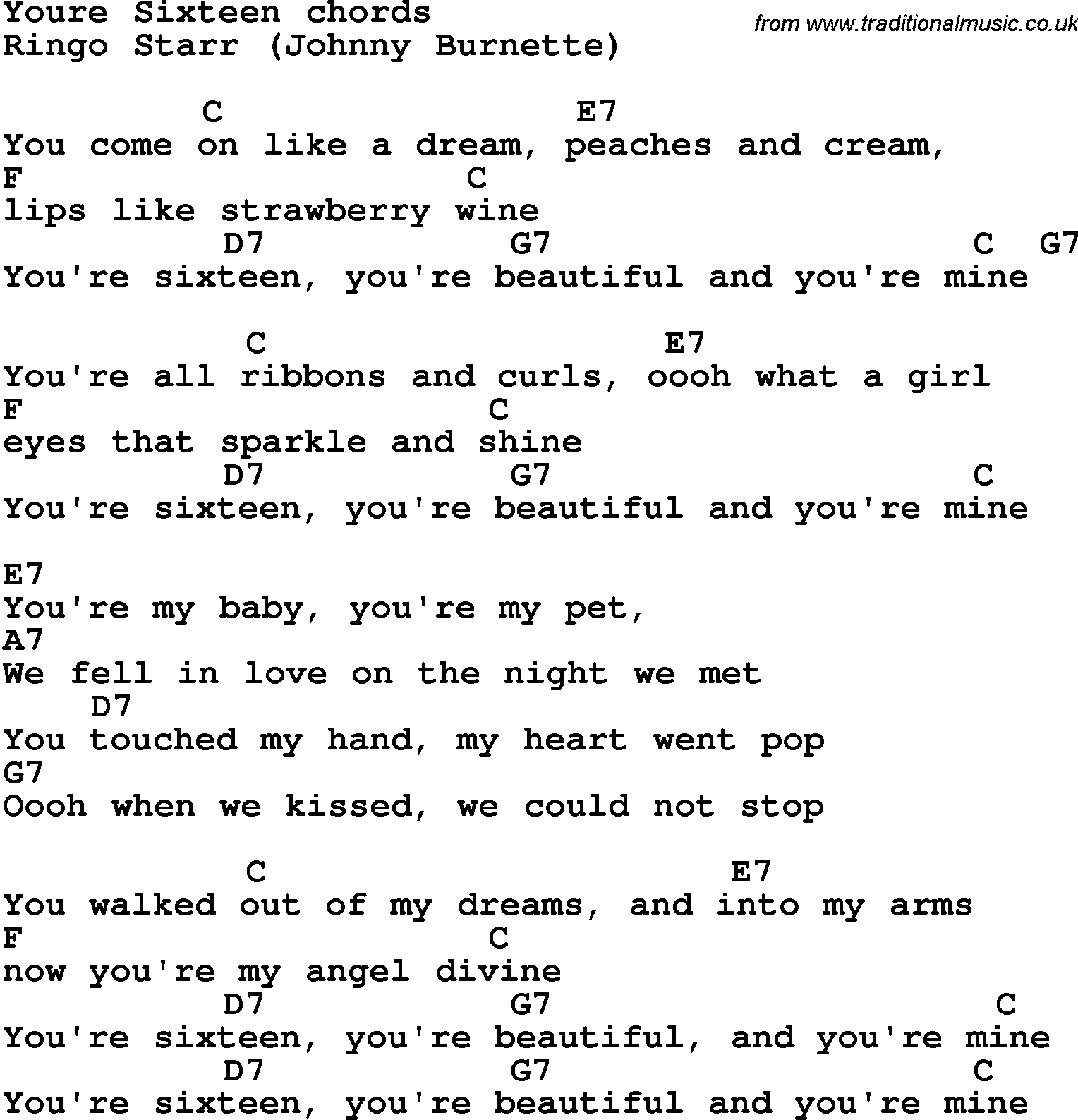 Song Lyrics with guitar chords for You're Sixteen - Ringo Starr