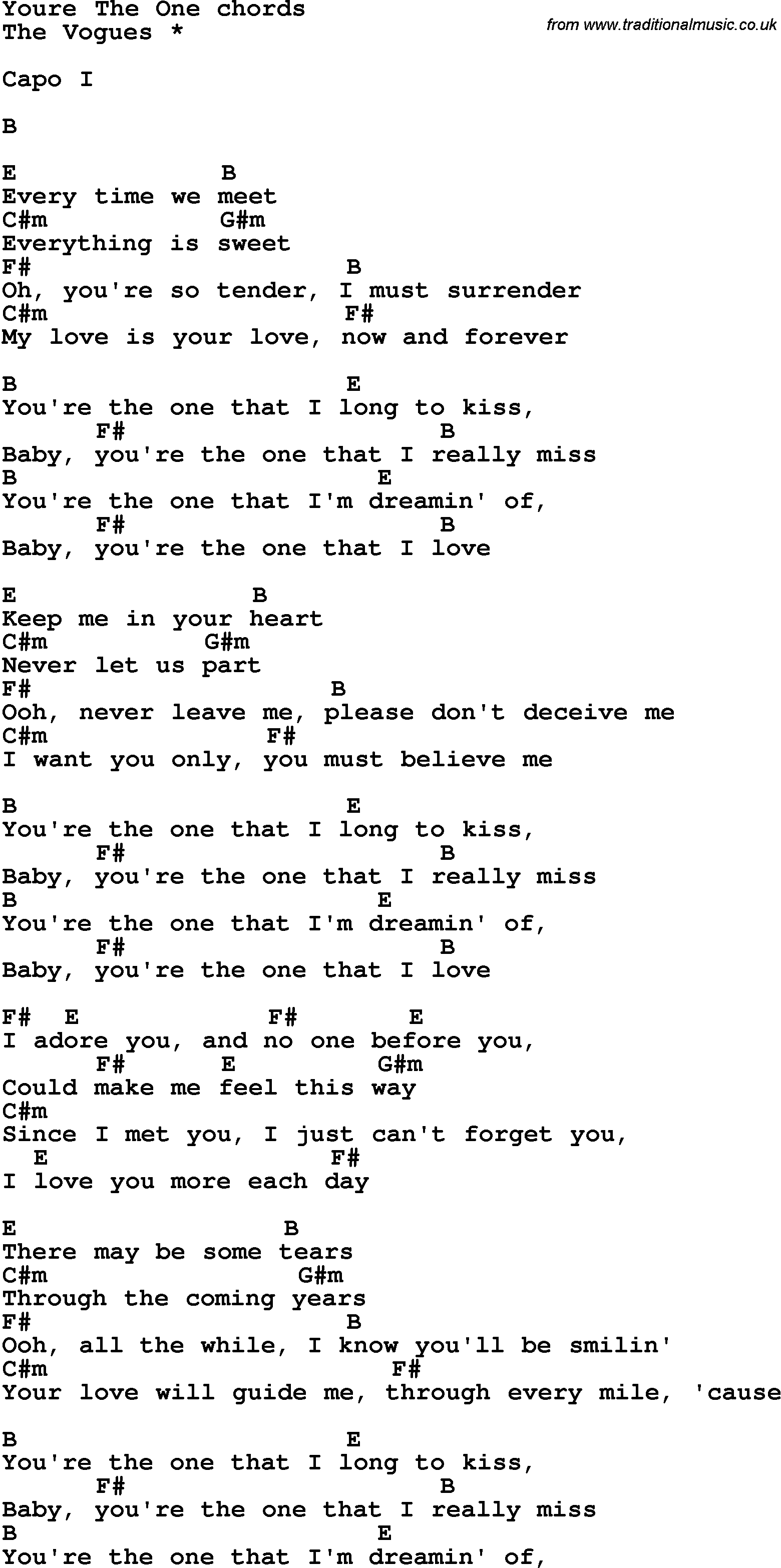 Song Lyrics with guitar chords for You're The One - The Vogues