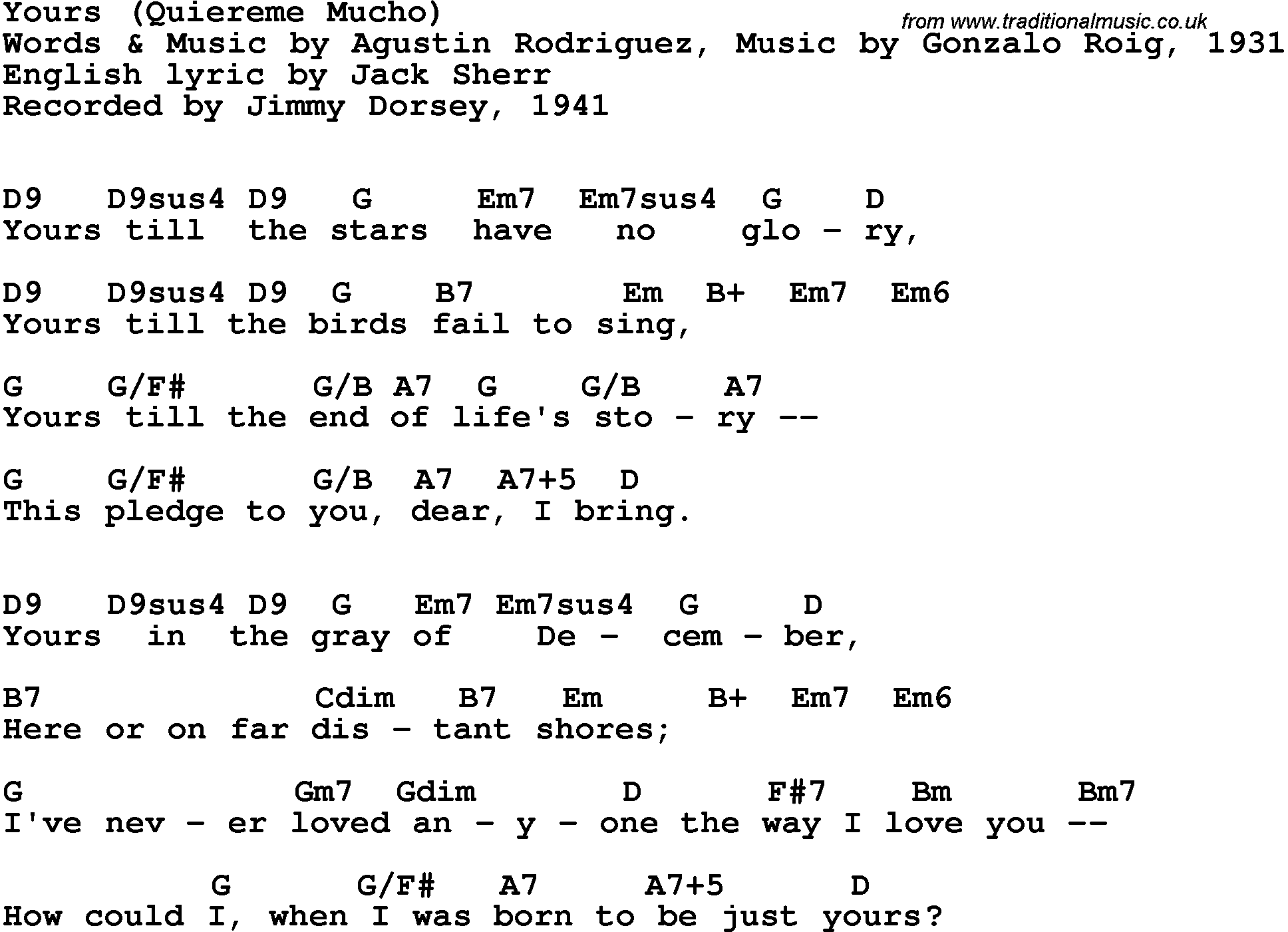 Song Lyrics with guitar chords for Yours (Quireme Mucho) - Jimmy Dorsey, 1941