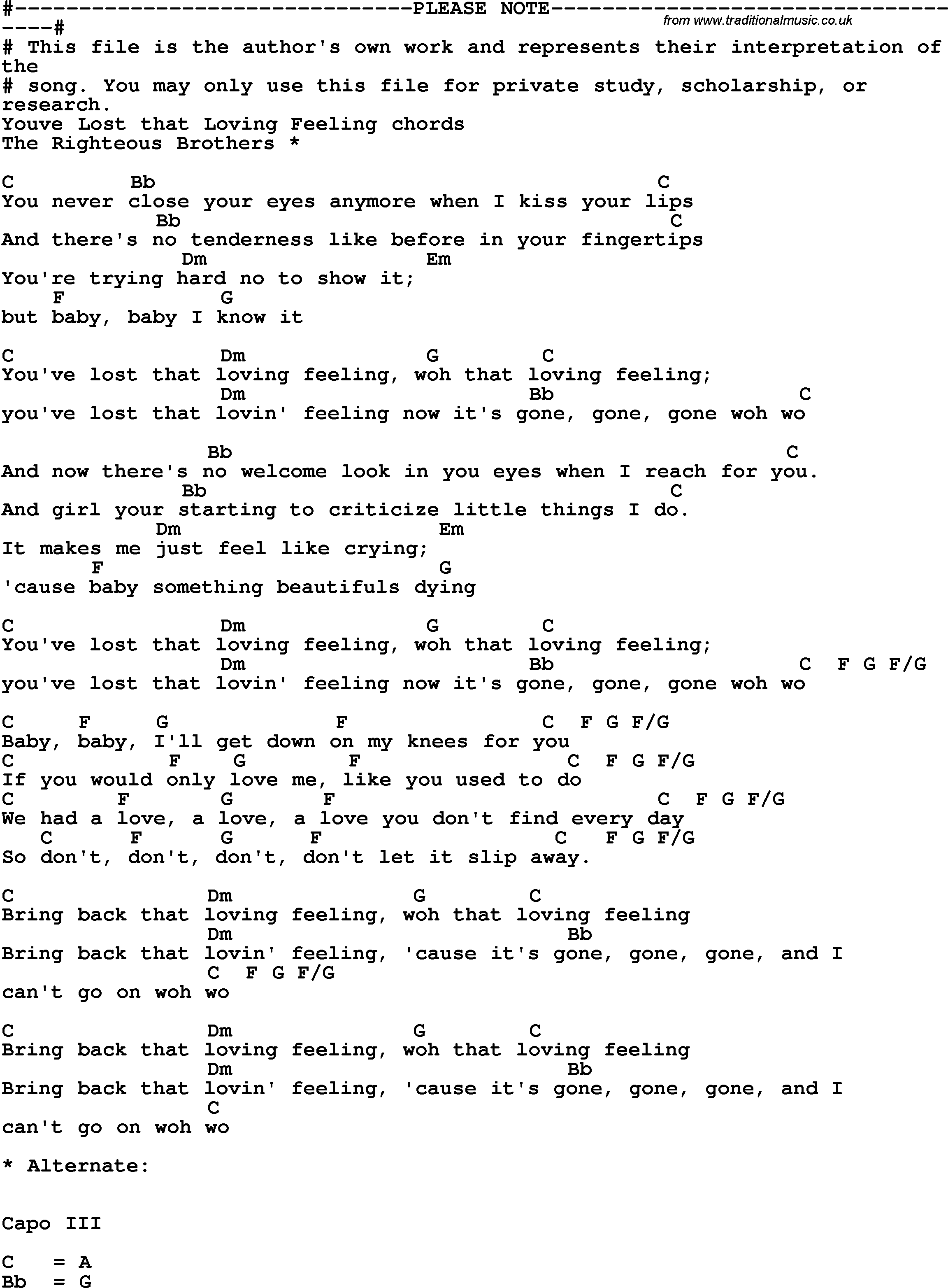 Song Lyrics with guitar chords for You've Lost That Loving Feeling