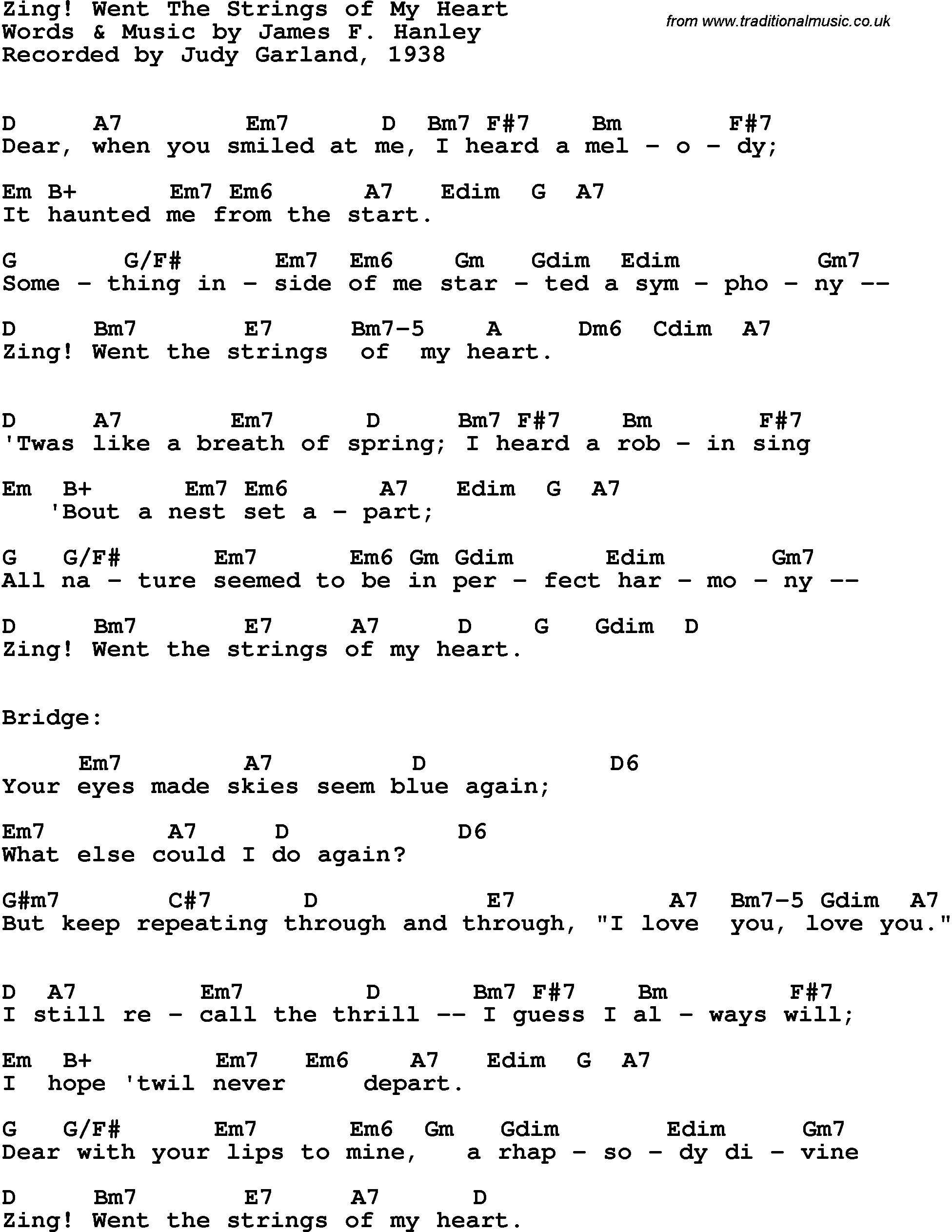 Song Lyrics with guitar chords for Zing! Went The Strings Of My Heart - Judy Garland, 1938