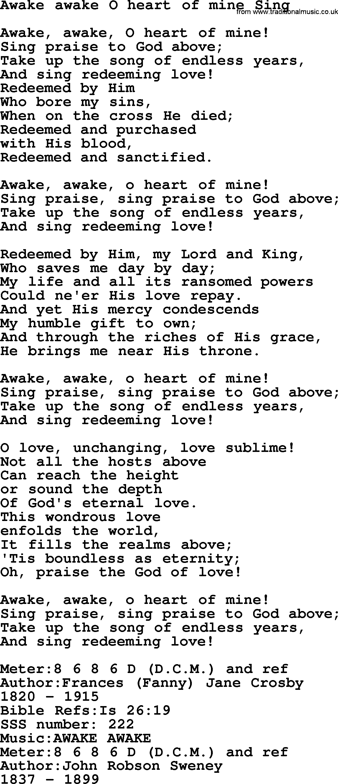 Sacred Songs and Solos complete, 1200 Hymns, title: Awake Awake O Heart Of Mine Sing, lyrics and PDF