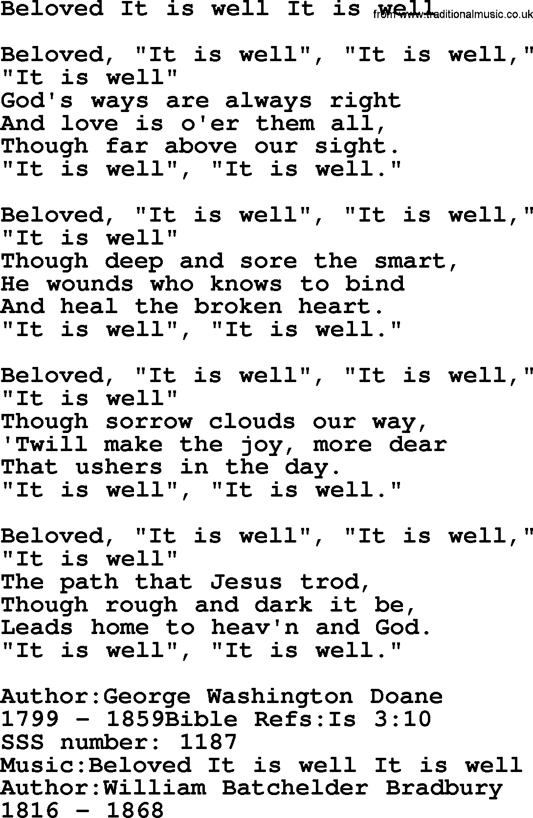 Sacred Songs and Solos complete, 1200 Hymns, title: Beloved It Is Well It Is Well, lyrics and PDF