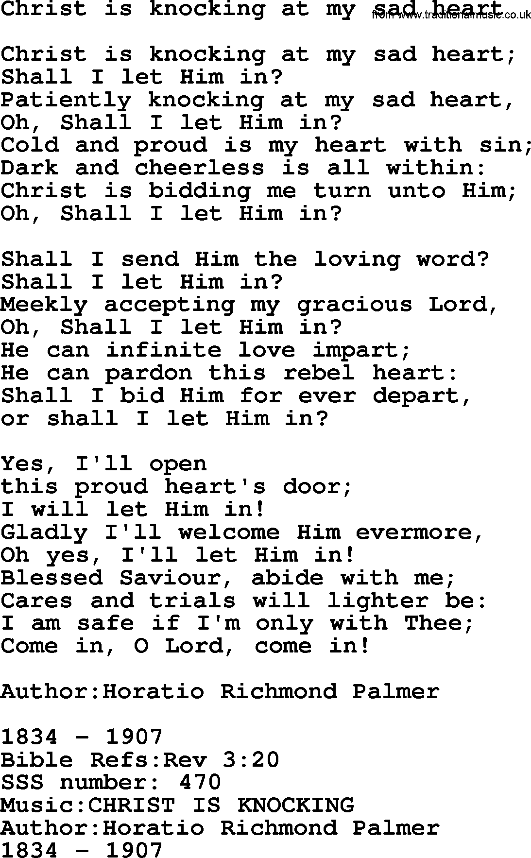 Sacred Songs and Solos complete, 1200 Hymns, title: Christ Is Knocking At My Sad Heart, lyrics and PDF