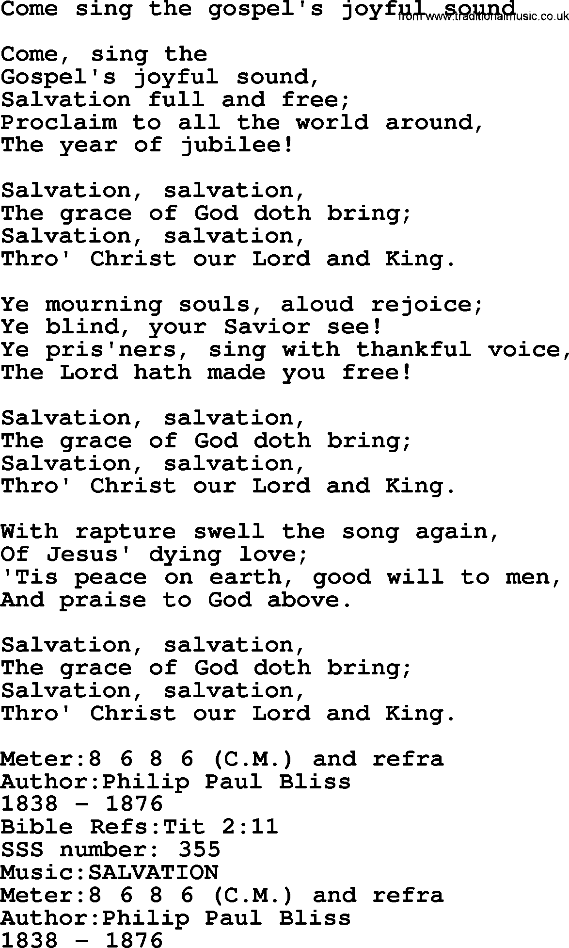 Sacred Songs and Solos complete, 1200 Hymns, title: Come Sing The Gospel's Joyful Sound, lyrics and PDF