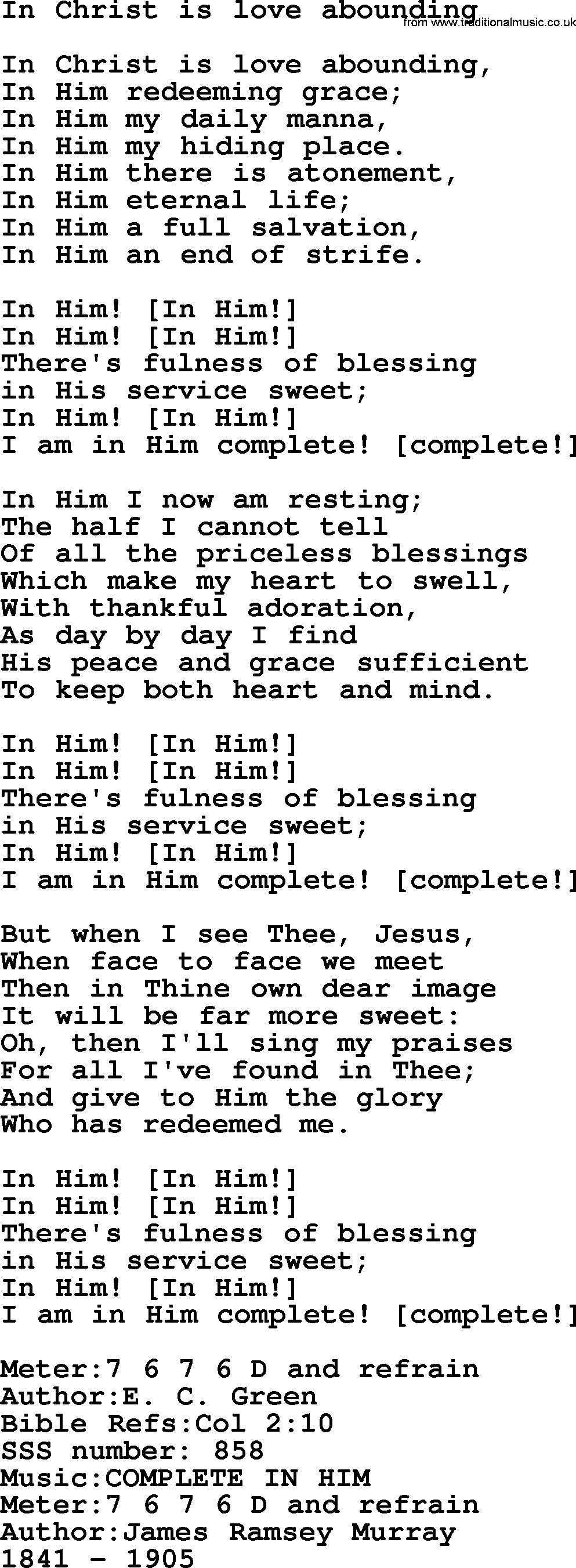 Sacred Songs and Solos complete, 1200 Hymns, title: In Christ Is Love Abounding, lyrics and PDF