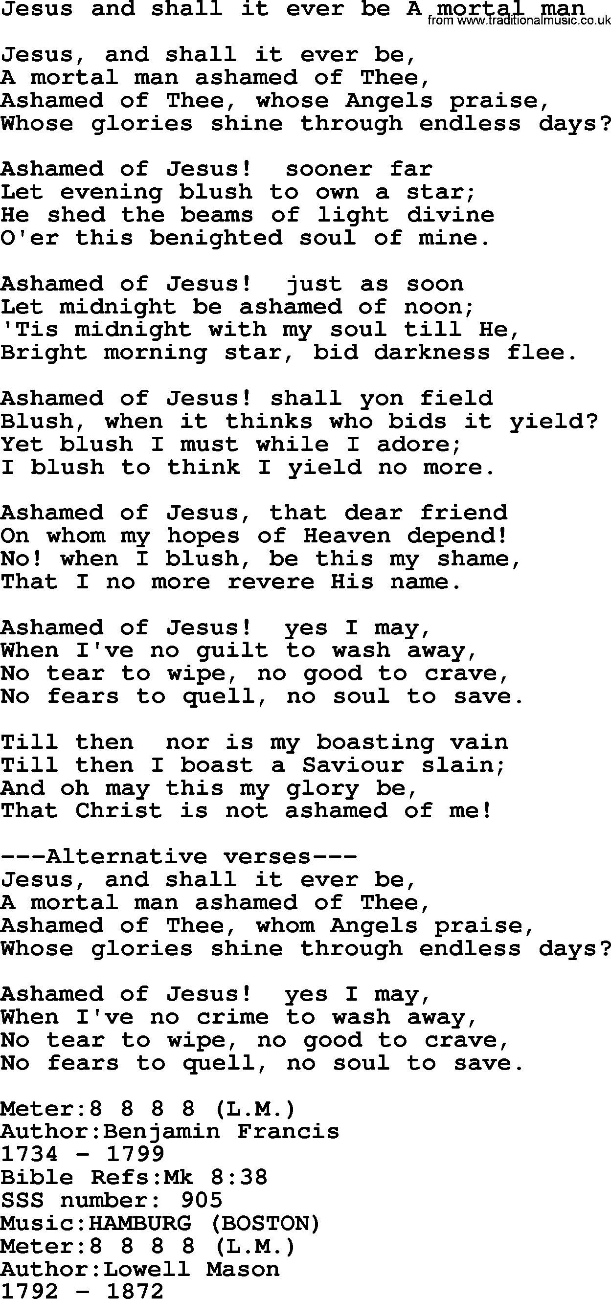 Sacred Songs and Solos complete, 1200 Hymns, title: Jesus And Shall It Ever Be A Mortal Man, lyrics and PDF