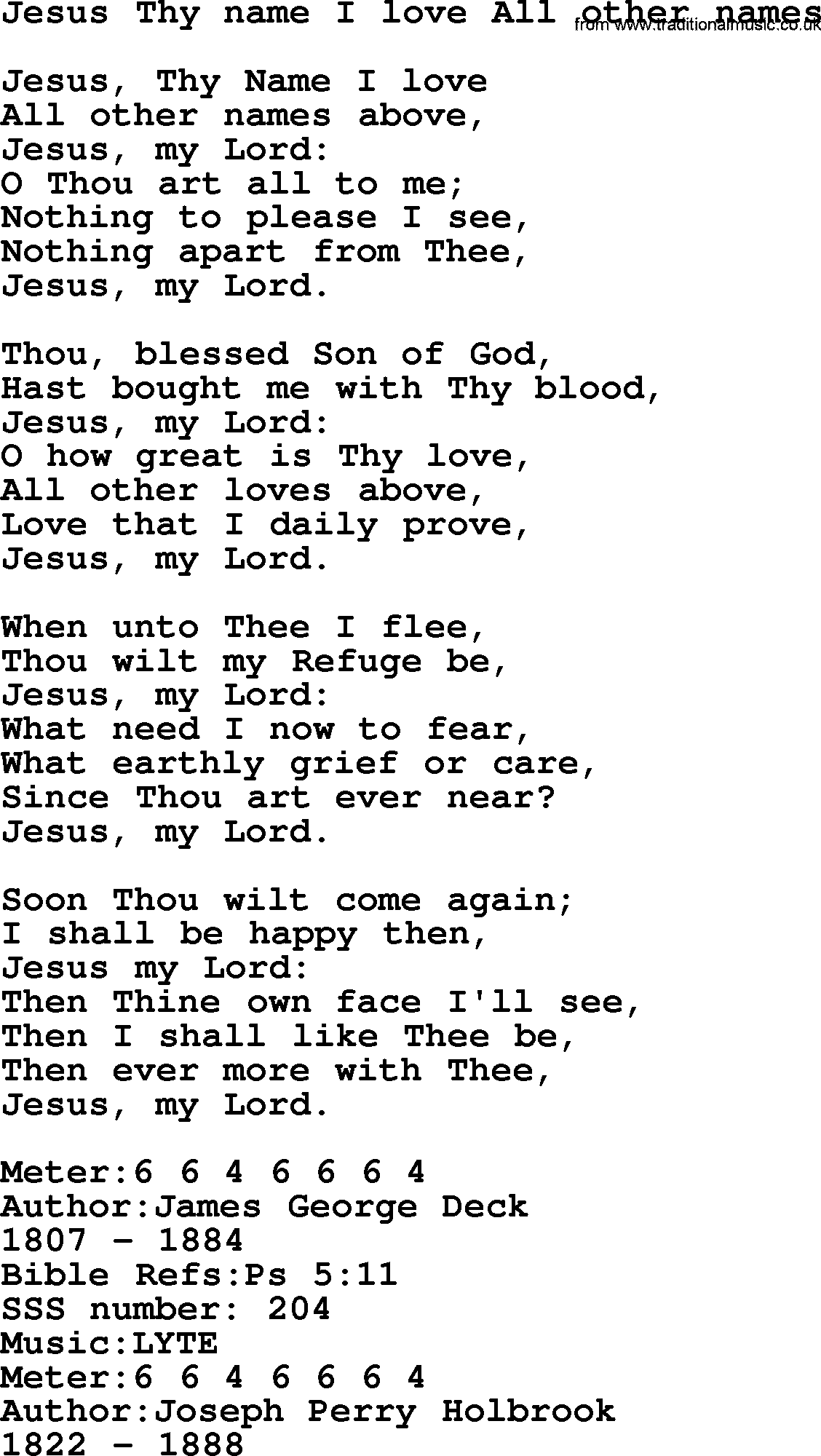 Sacred Songs and Solos complete, 1200 Hymns, title: Jesus Thy Name I Love All Other Names, lyrics and PDF