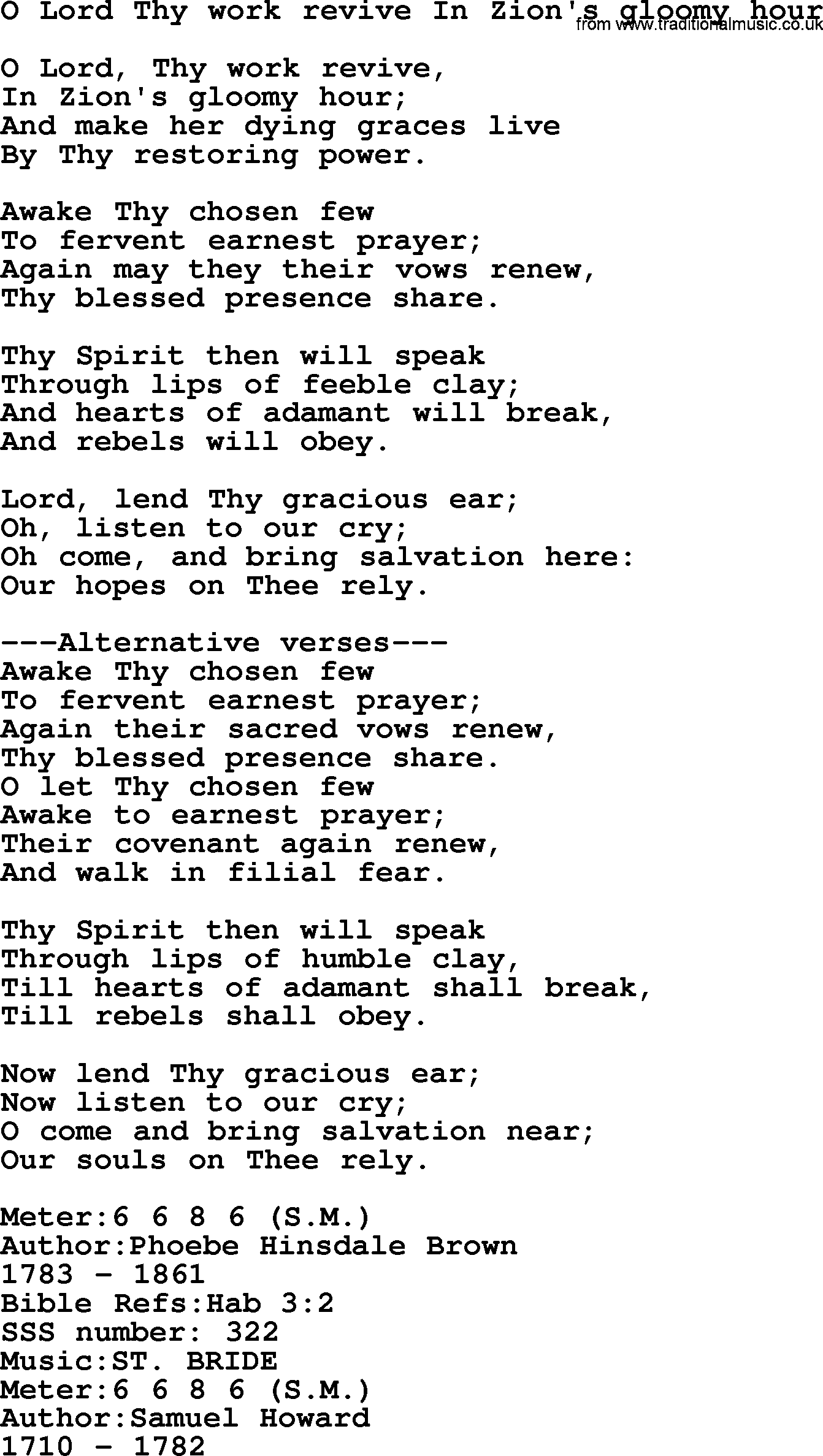 Sacred Songs and Solos complete, 1200 Hymns, title: O Lord Thy Work Revive In Zion's Gloomy Hour, lyrics and PDF