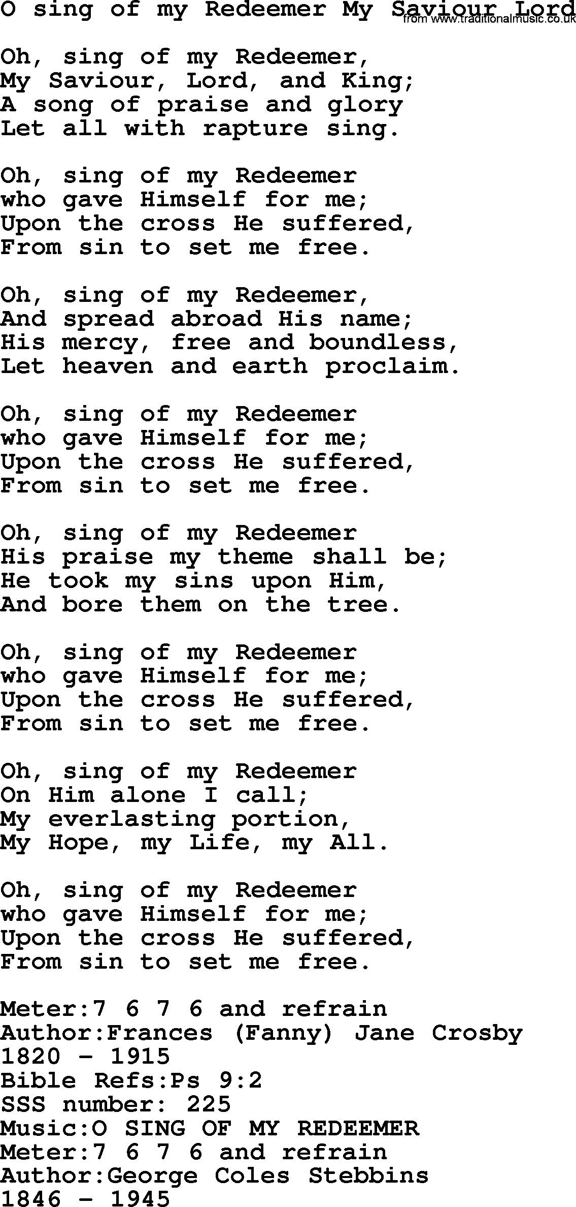 Sacred Songs and Solos complete, 1200 Hymns, title: O Sing Of My Redeemer My Saviour Lord, lyrics and PDF