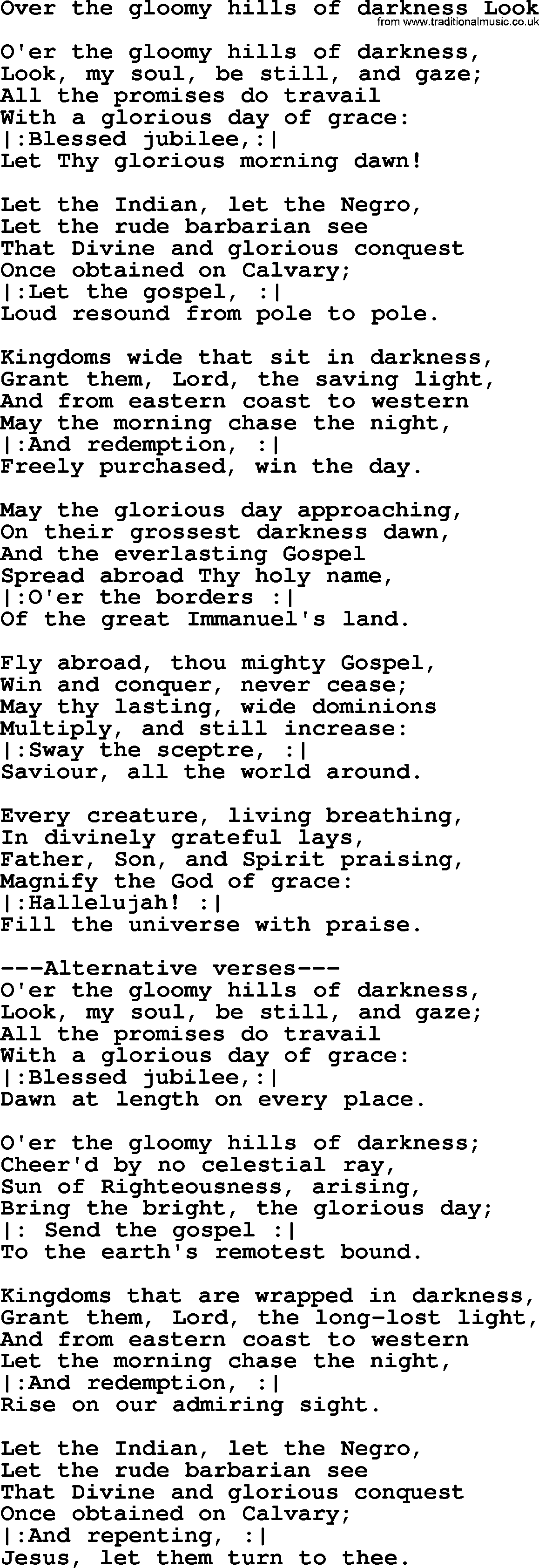Sacred Songs and Solos complete, 1200 Hymns, title: Over The Gloomy Hills Of Darkness Look, lyrics and PDF