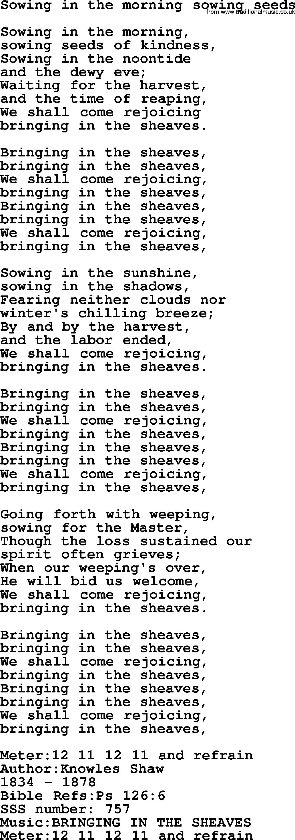 Sacred Songs and Solos complete, 1200 Hymns, title: Sowing In The Morning Sowing Seeds, lyrics and PDF