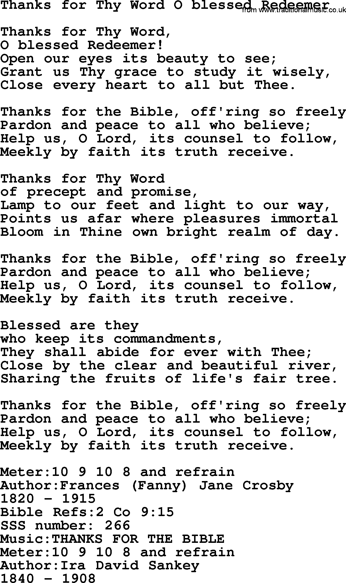 Sacred Songs and Solos complete, 1200 Hymns, title: Thanks For Thy Word O Blessed Redeemer, lyrics and PDF