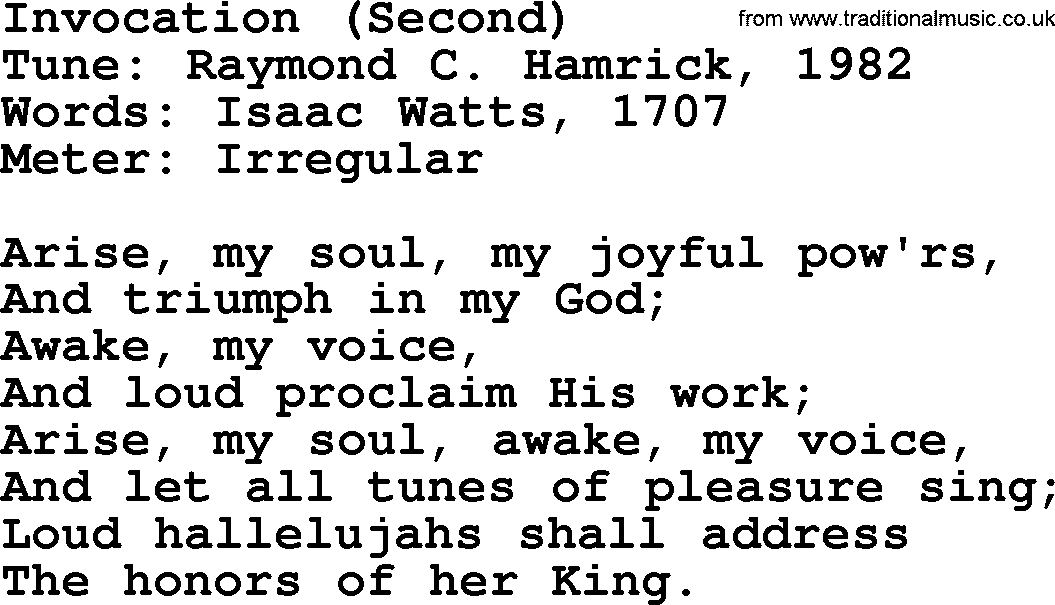 Sacred Harp songs collection, song: Invocation (Second), lyrics and PDF