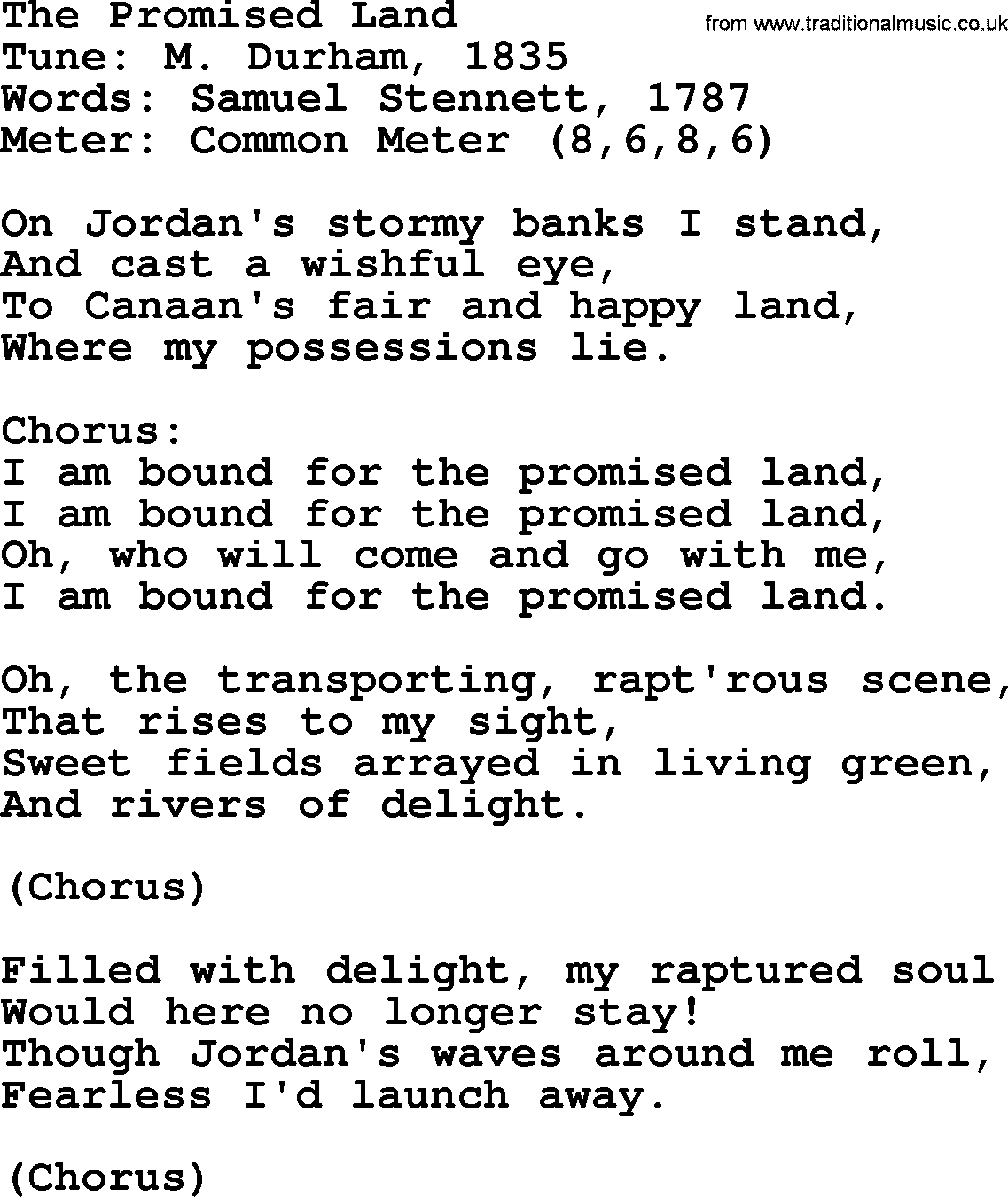 Sacred Harp songs collection, song: The Promised Land, lyrics and PDF