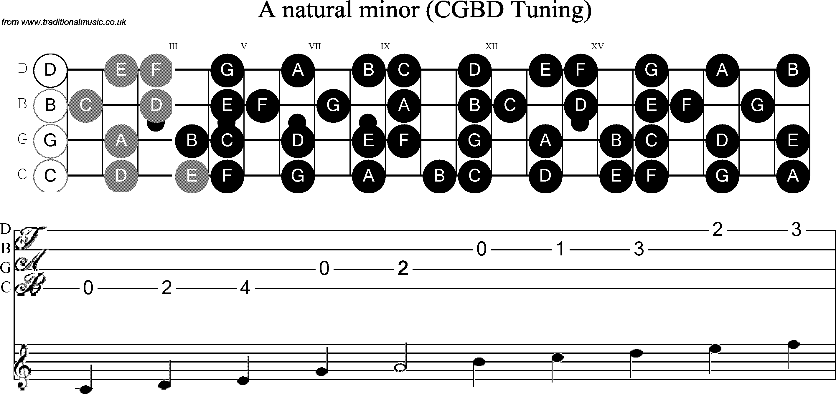 Scale, stave and neck diagram for Banjo(C / plectrunm tuned) A Minor