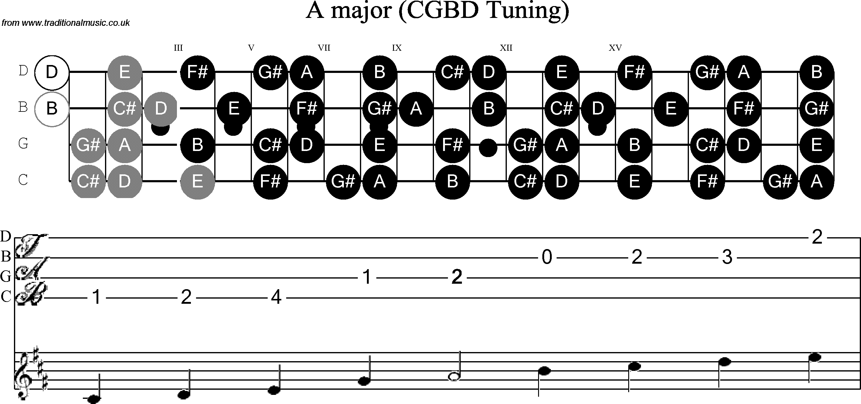 Scale, stave and neck diagram for Banjo(C / plectrunm tuned) A