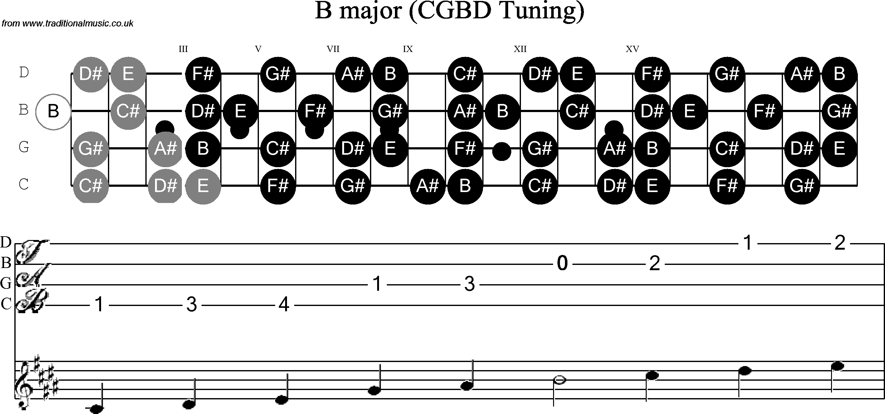 Scale, stave and neck diagram for Banjo(C / plectrunm tuned) B