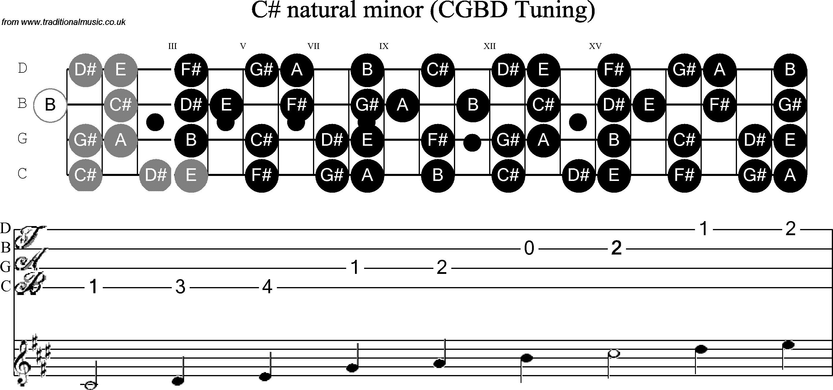 Scale, stave and neck diagram for Banjo(C / plectrunm tuned) C Sharp Minor