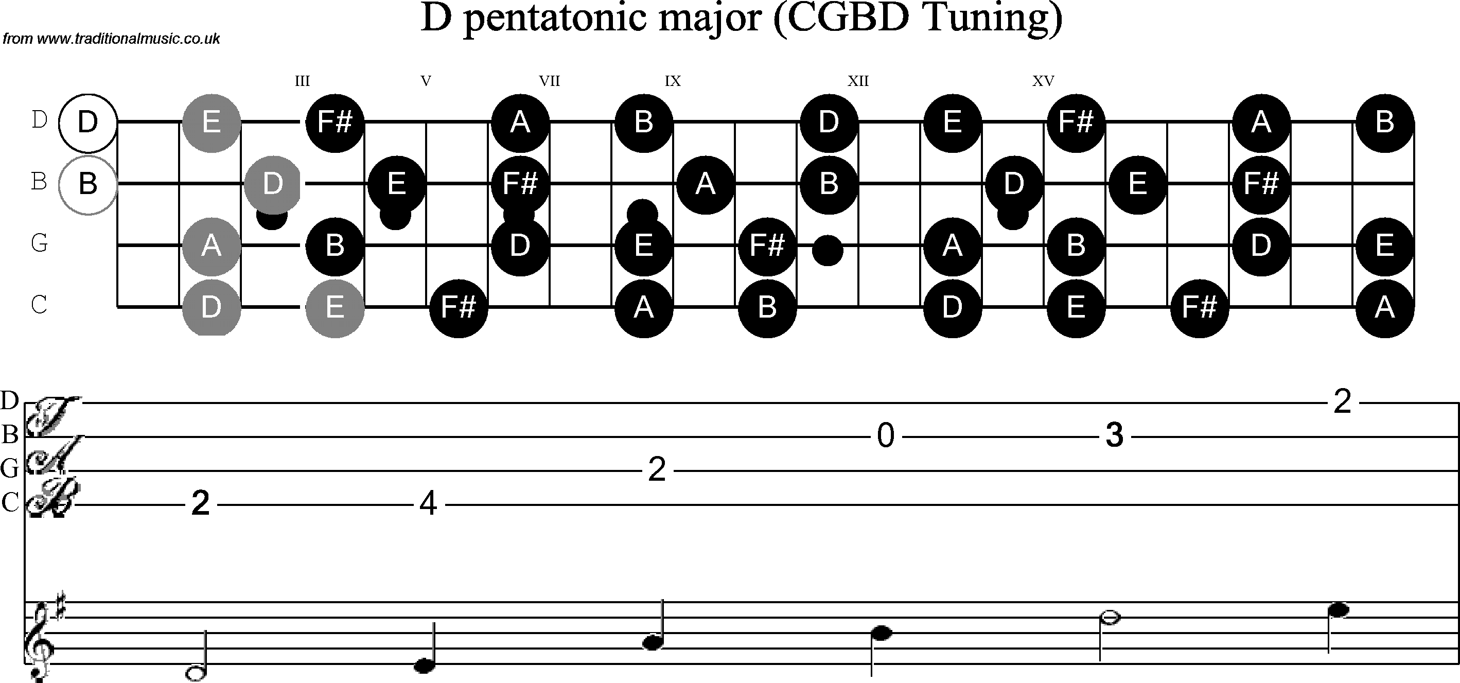 Scale, stave and neck diagram for Banjo(C / plectrunm tuned) D Pentatonic