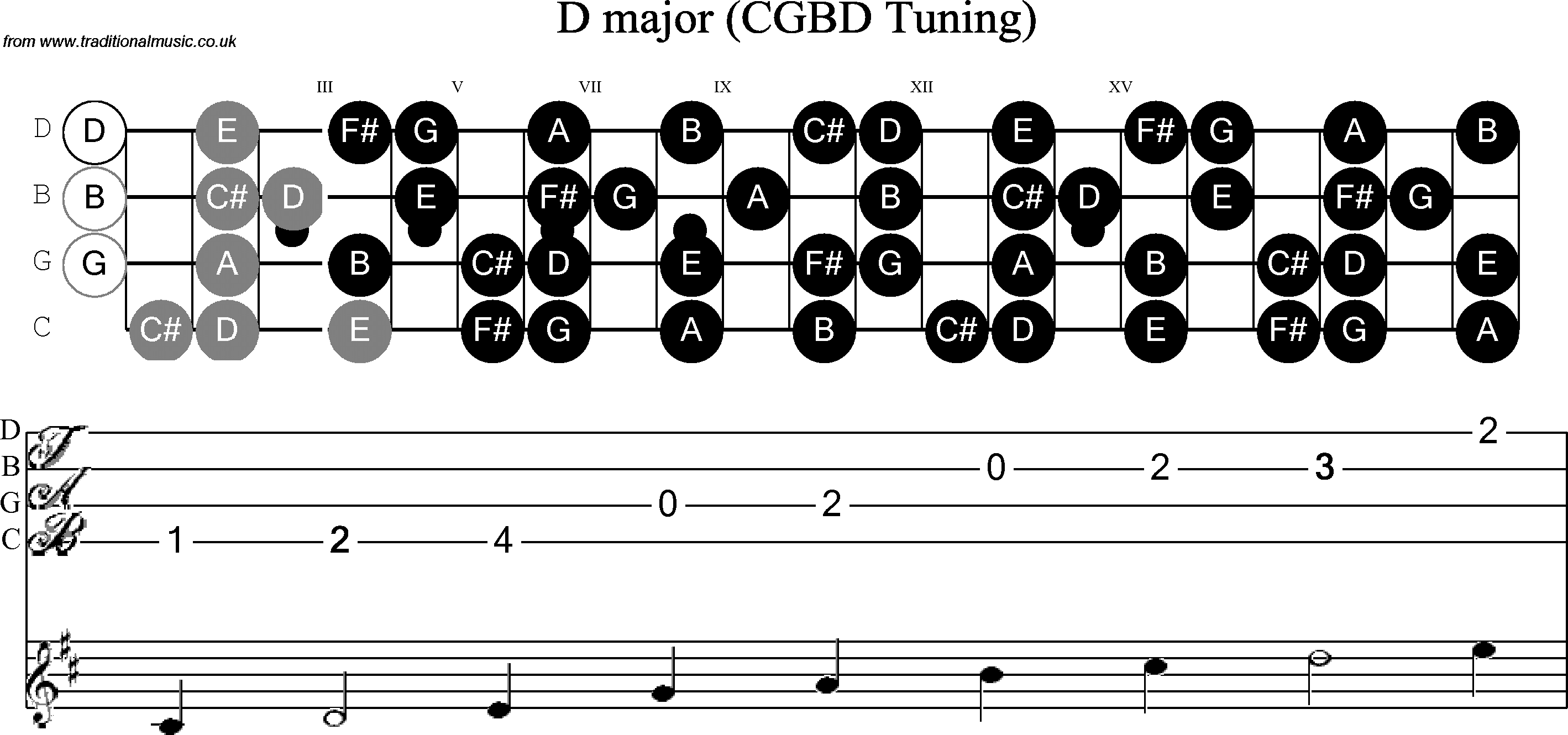Scale, stave and neck diagram for Banjo(C / plectrunm tuned) D