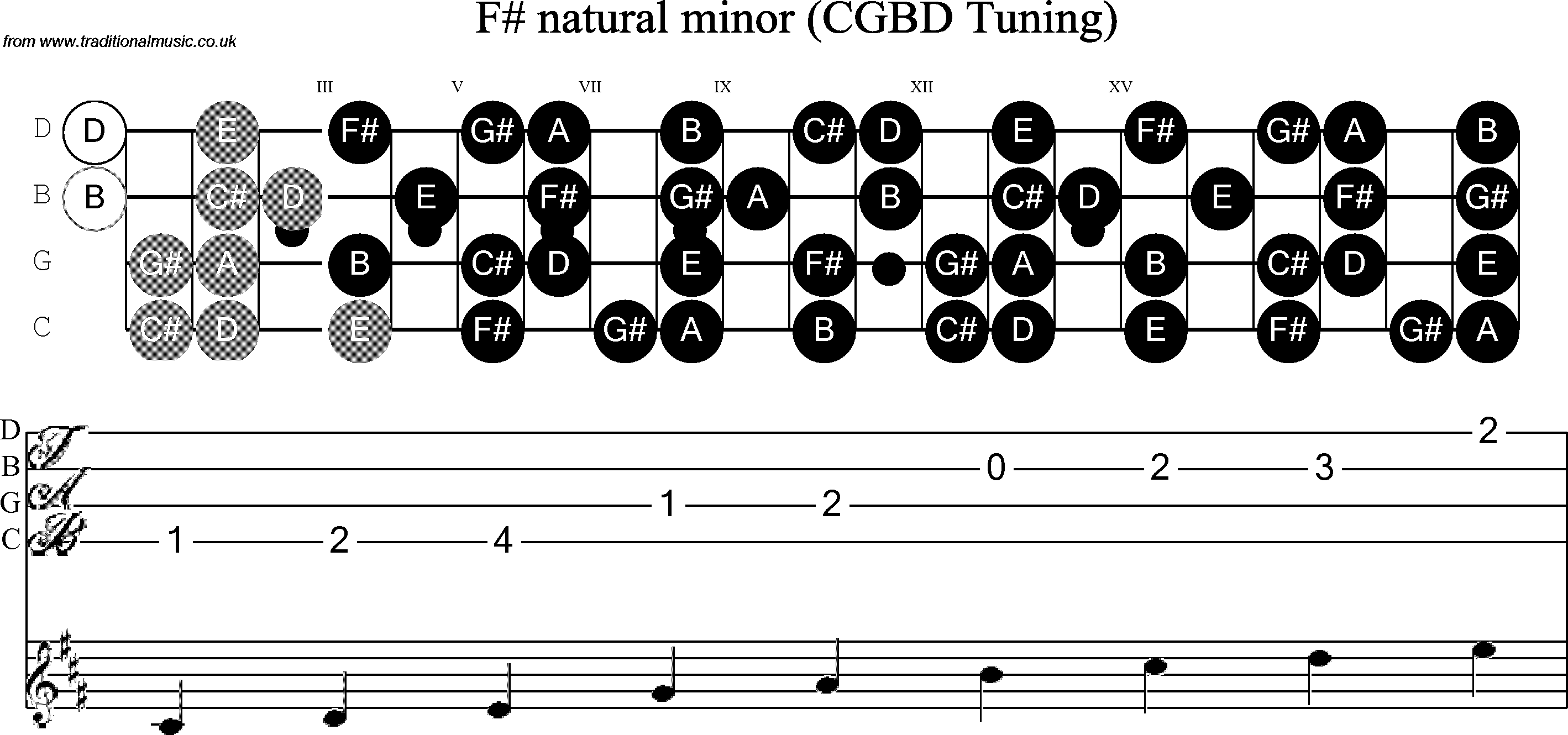 Scale, stave and neck diagram for Banjo(C / plectrunm tuned) F Sharp Minor