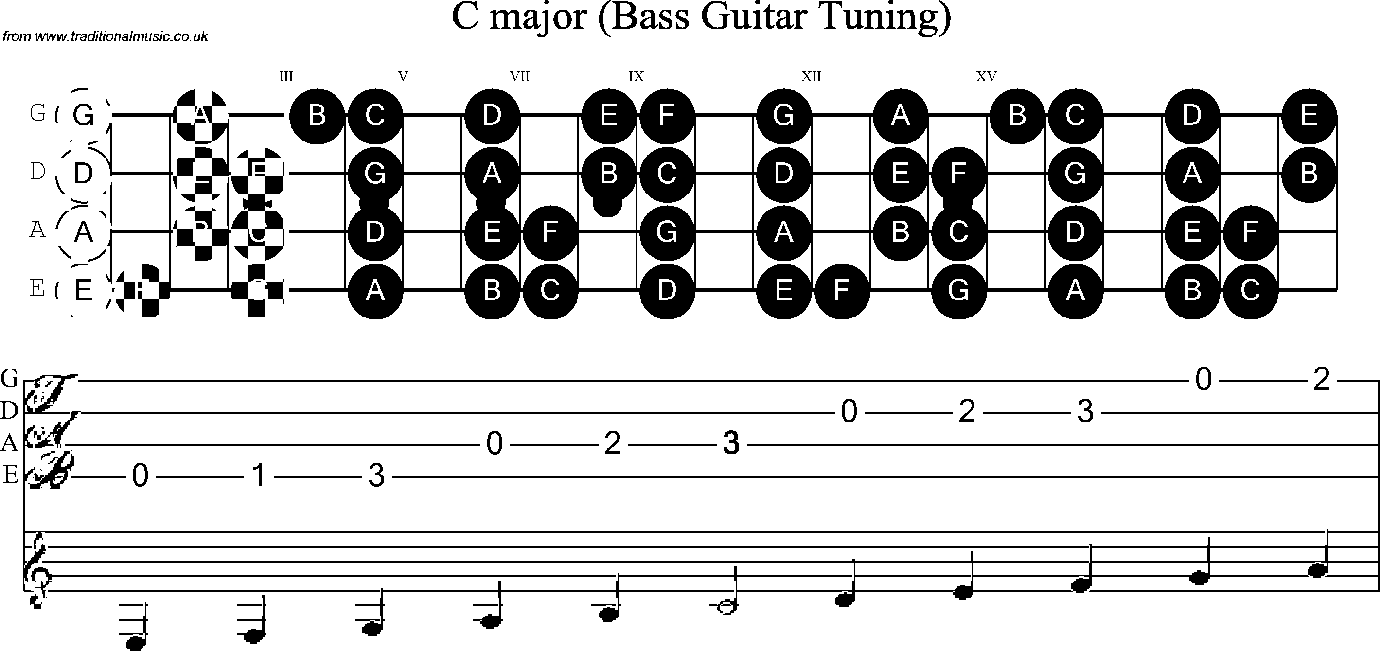Scale, stave and neck diagram for Bass Scale C