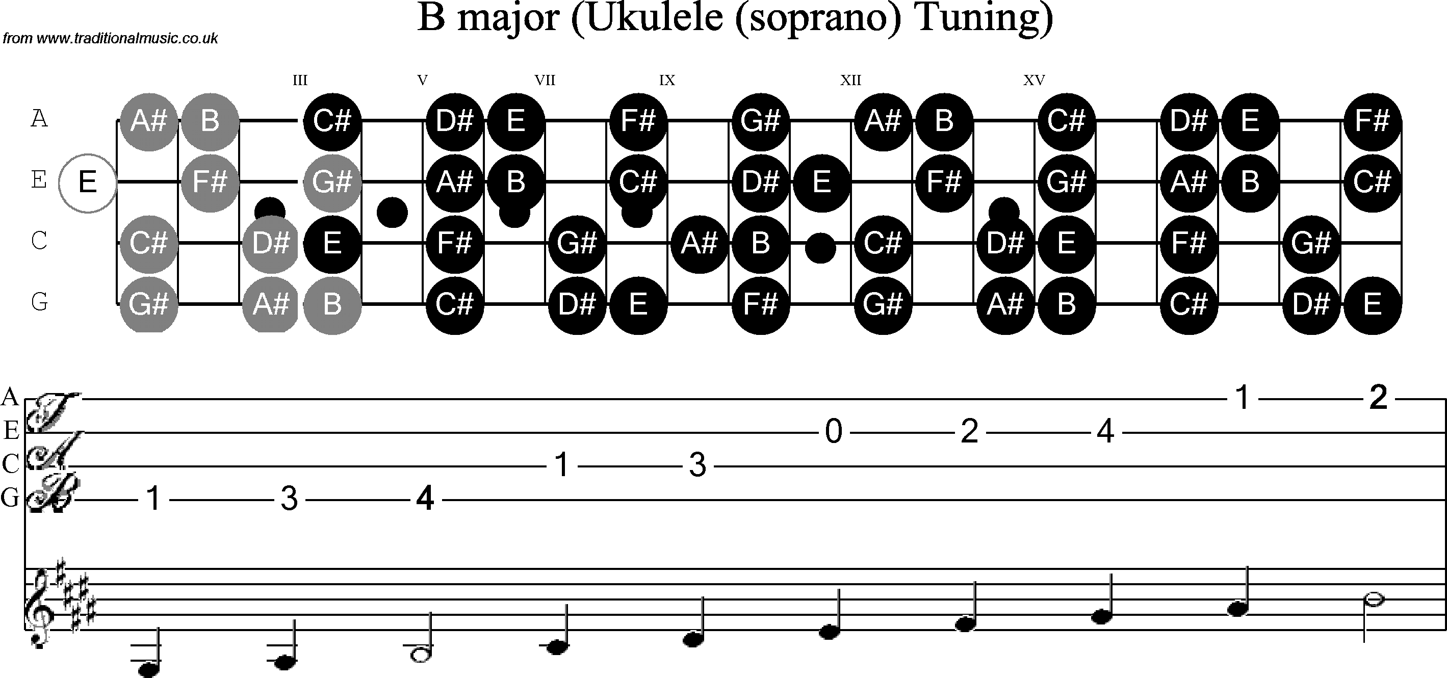 Scale, stave and neck diagram for Ukulele B