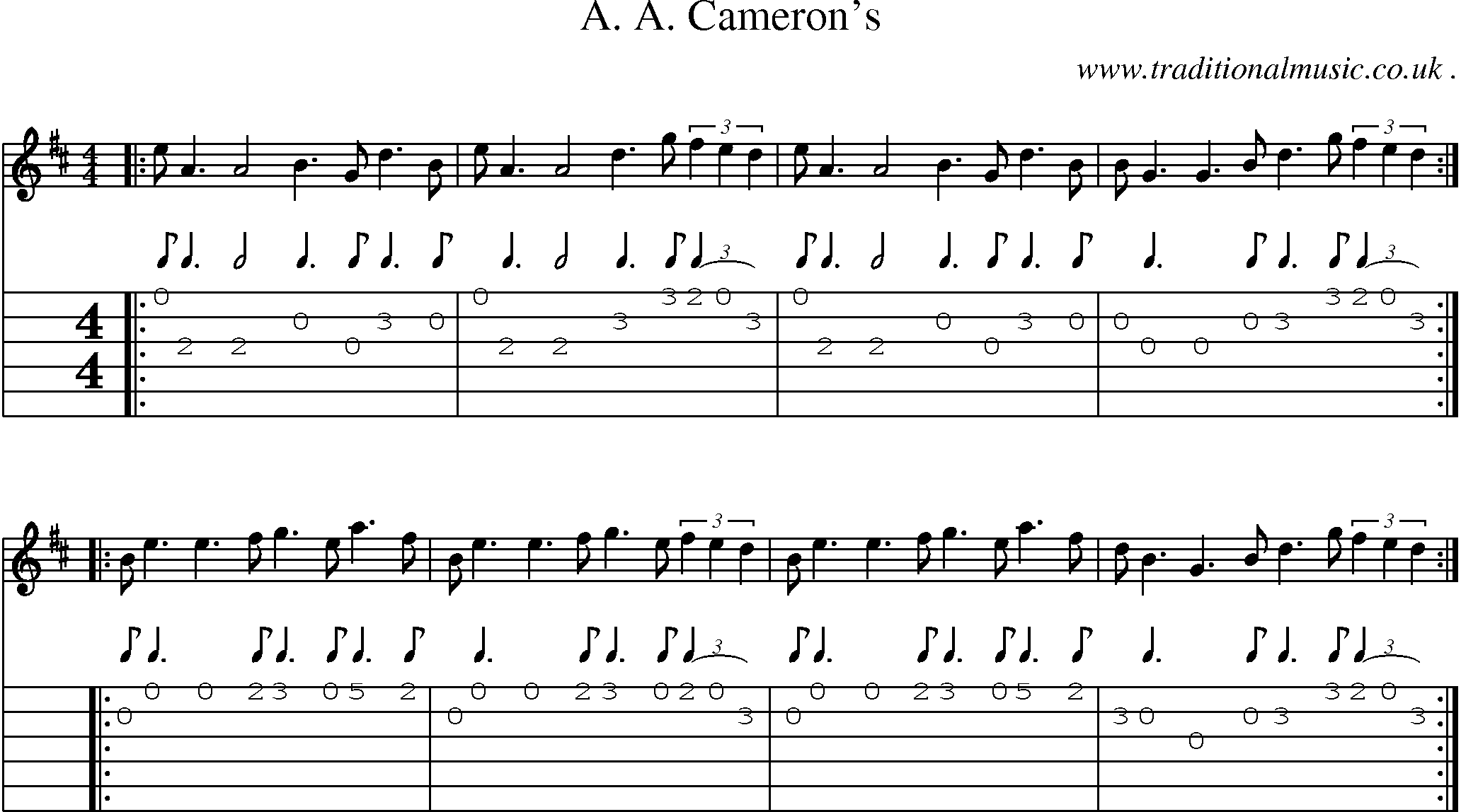 Sheet-music  score, Chords and Guitar Tabs for A A Camerons