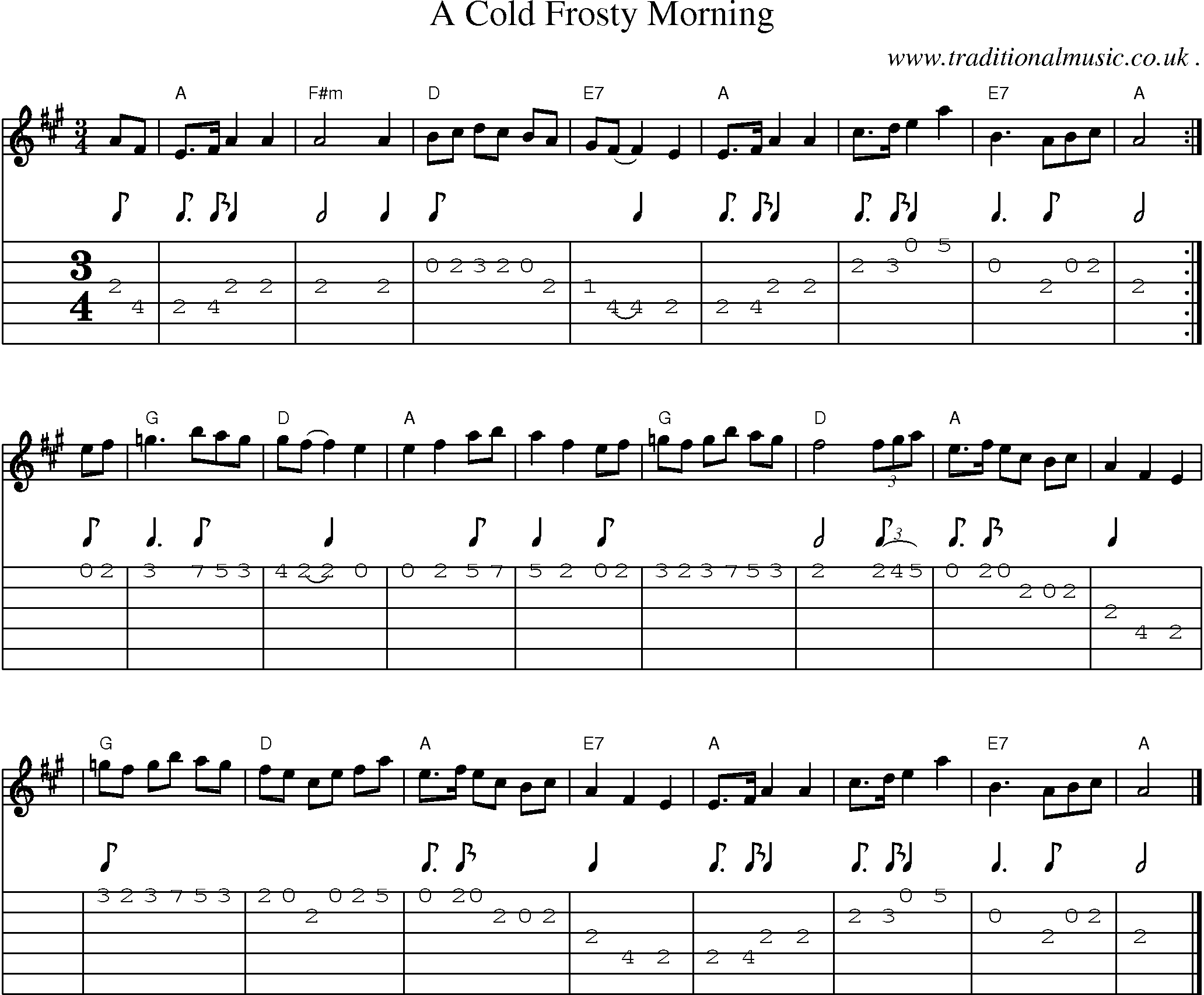 Sheet-music  score, Chords and Guitar Tabs for A Cold Frosty Morning