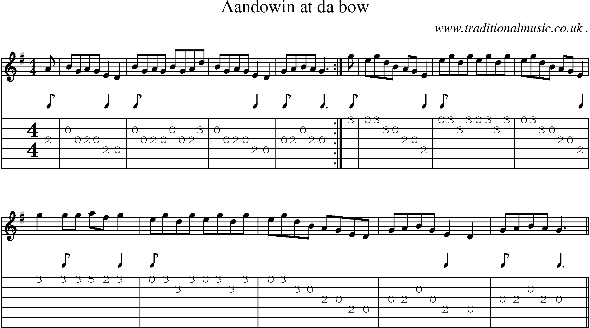 Sheet-music  score, Chords and Guitar Tabs for Aandowin At Da Bow