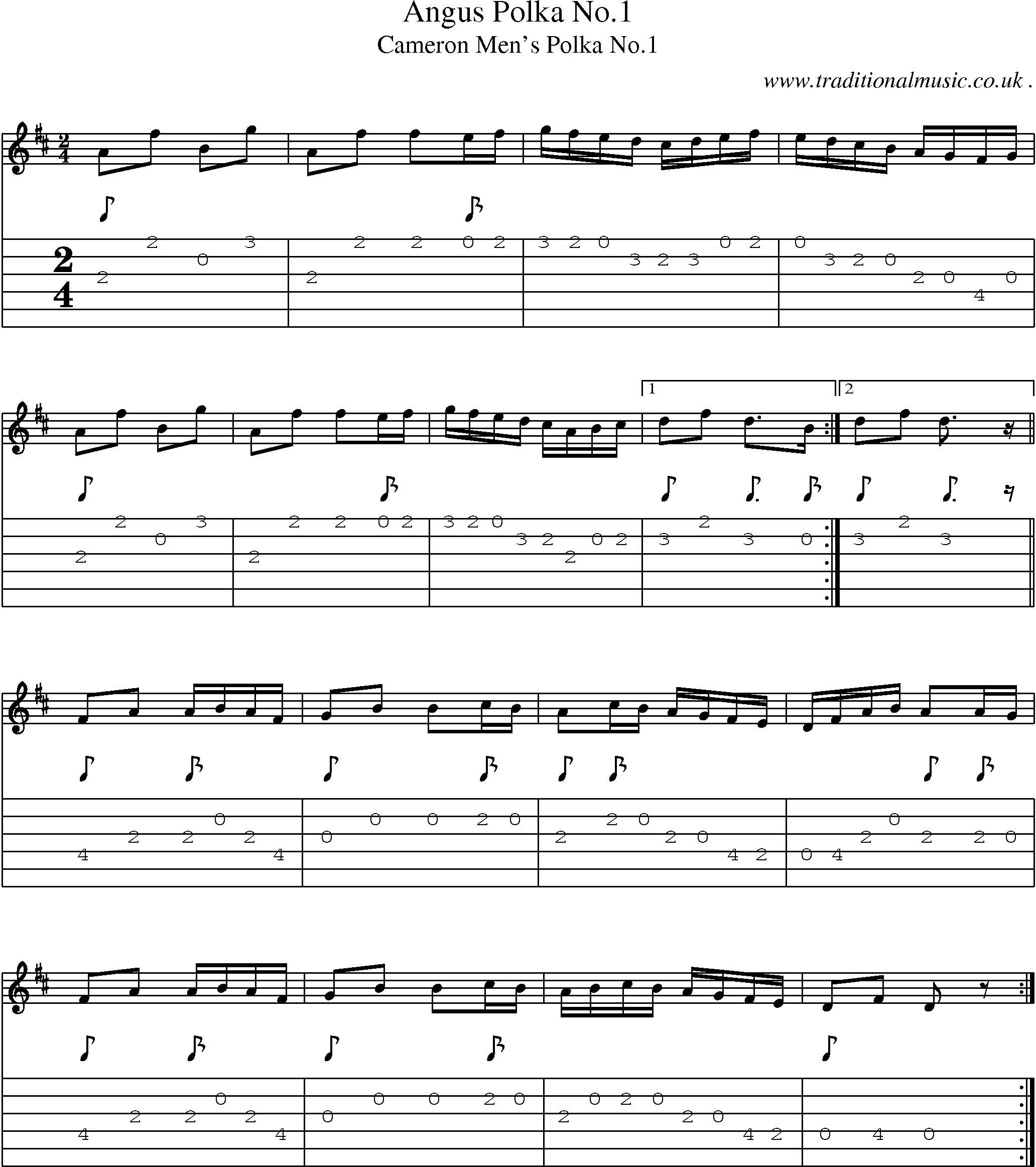 Sheet-music  score, Chords and Guitar Tabs for Angus Polka No1
