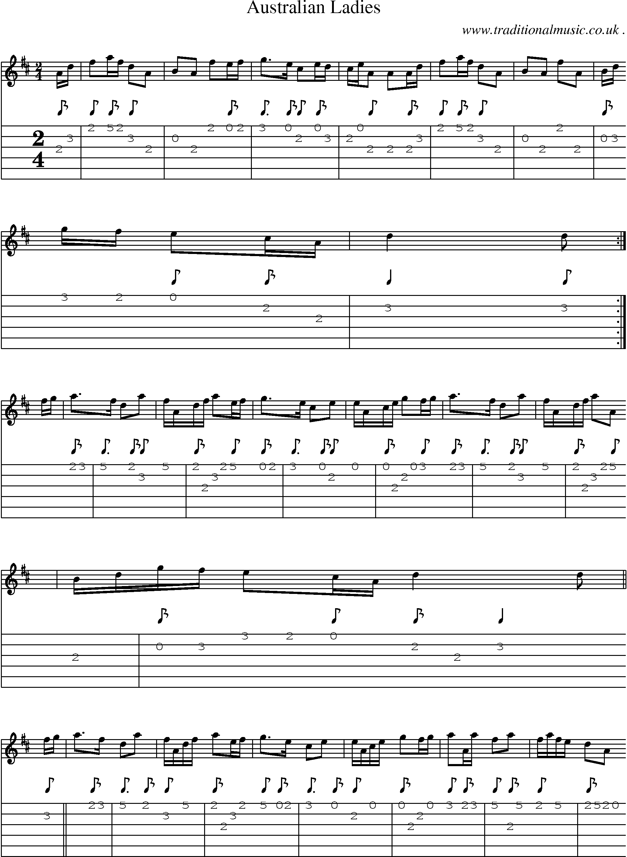 Sheet-music  score, Chords and Guitar Tabs for Australian Ladies