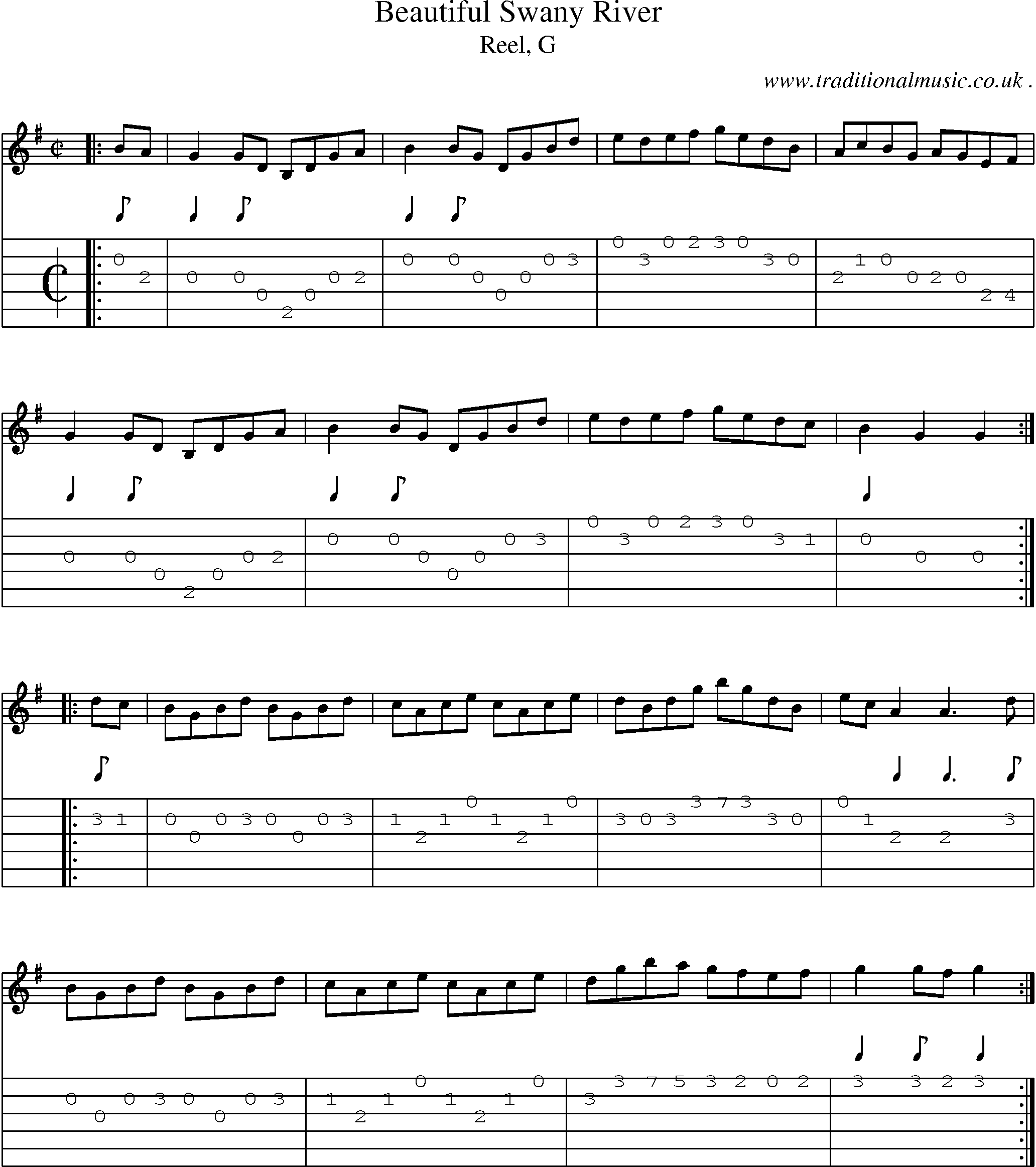 Sheet-music  score, Chords and Guitar Tabs for Beautiful Swany River