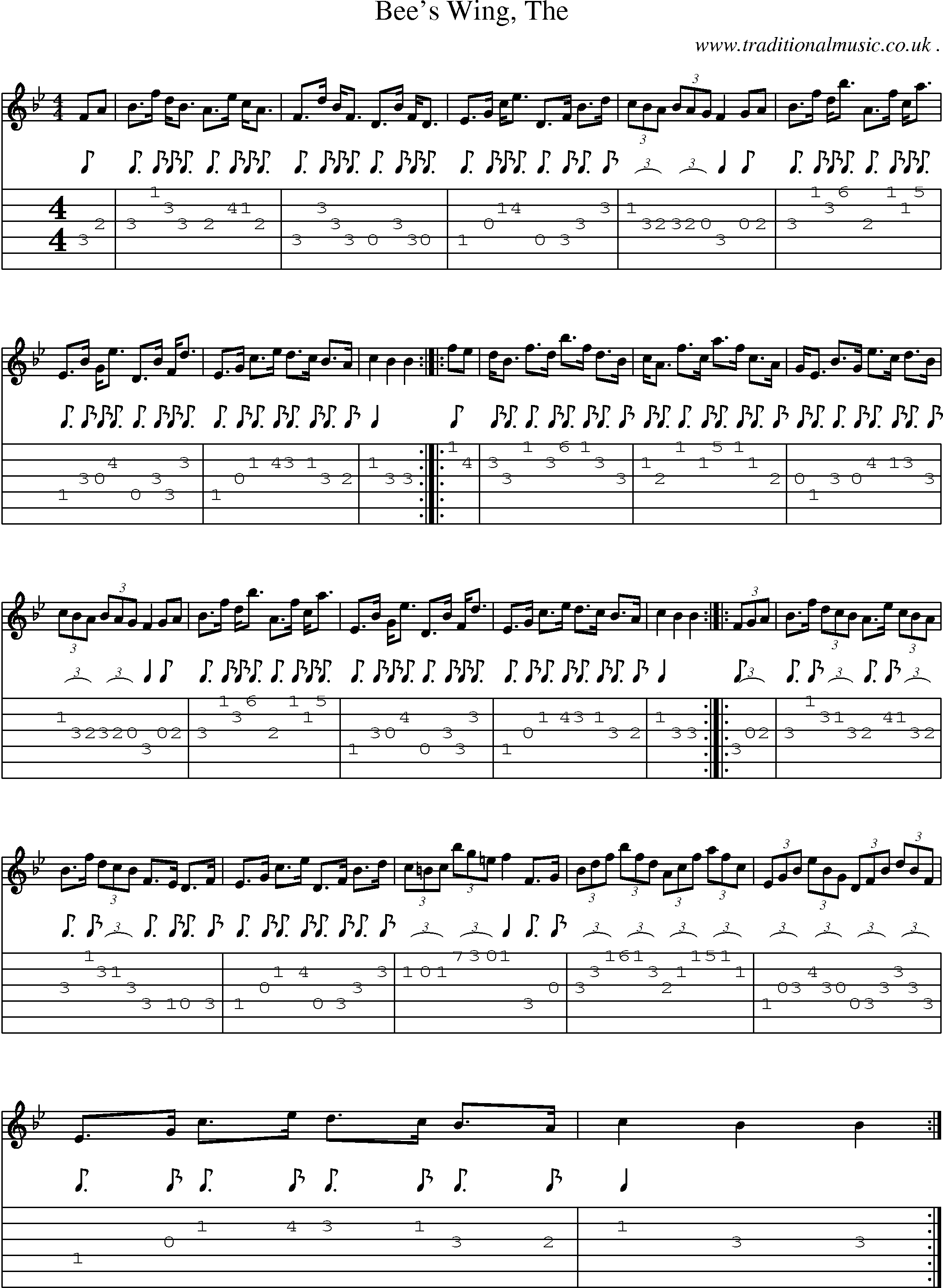 Sheet-music  score, Chords and Guitar Tabs for Bees Wing The