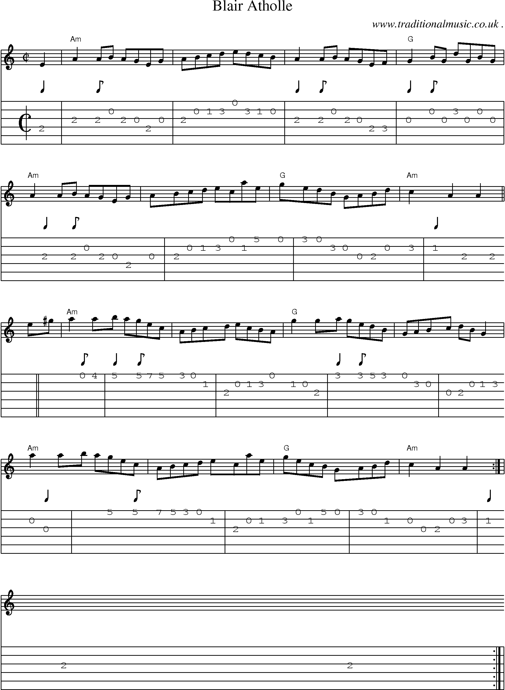 Sheet-music  score, Chords and Guitar Tabs for Blair Atholle